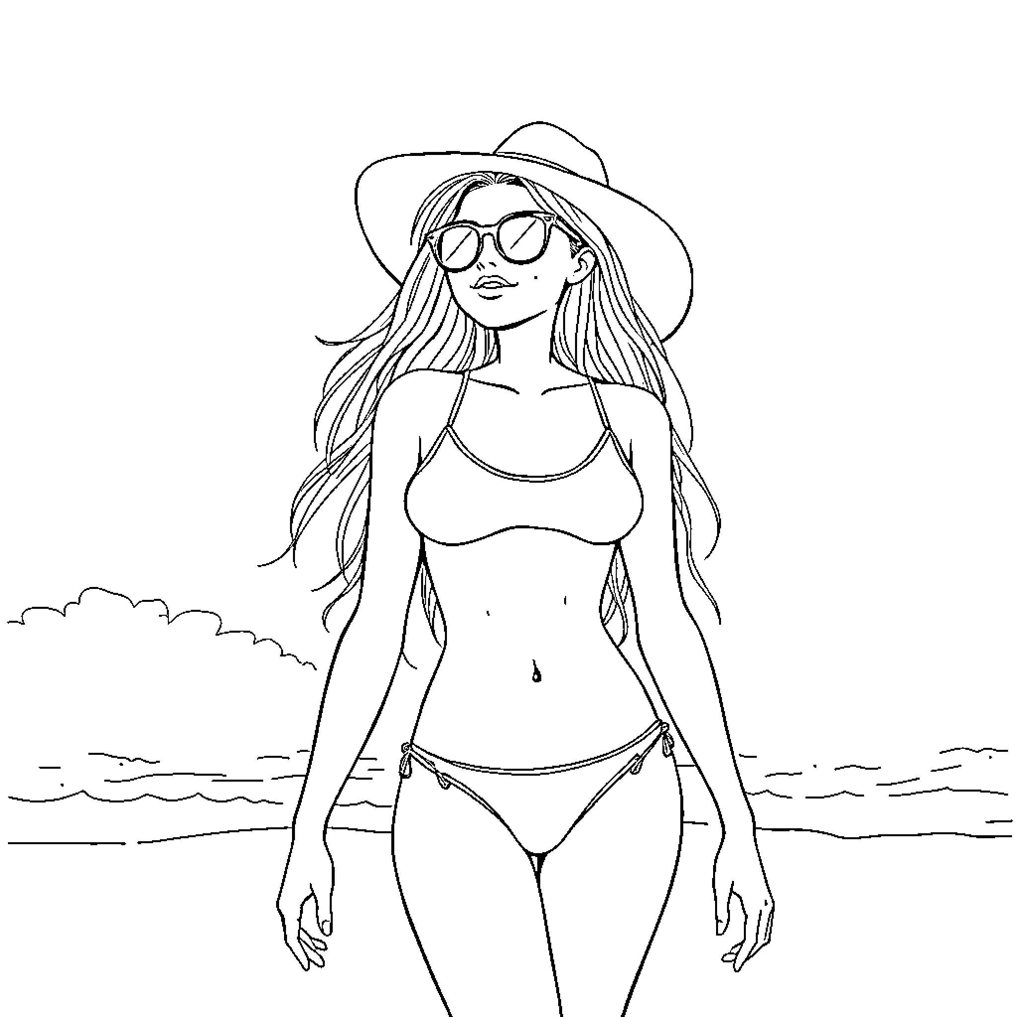 Girl enjoying the beach in stylish swimwear Coloring Page (free black-and-white line drawing printable PDF for all, from beginners to advanced learners, including children, teens, adults, and seniors)