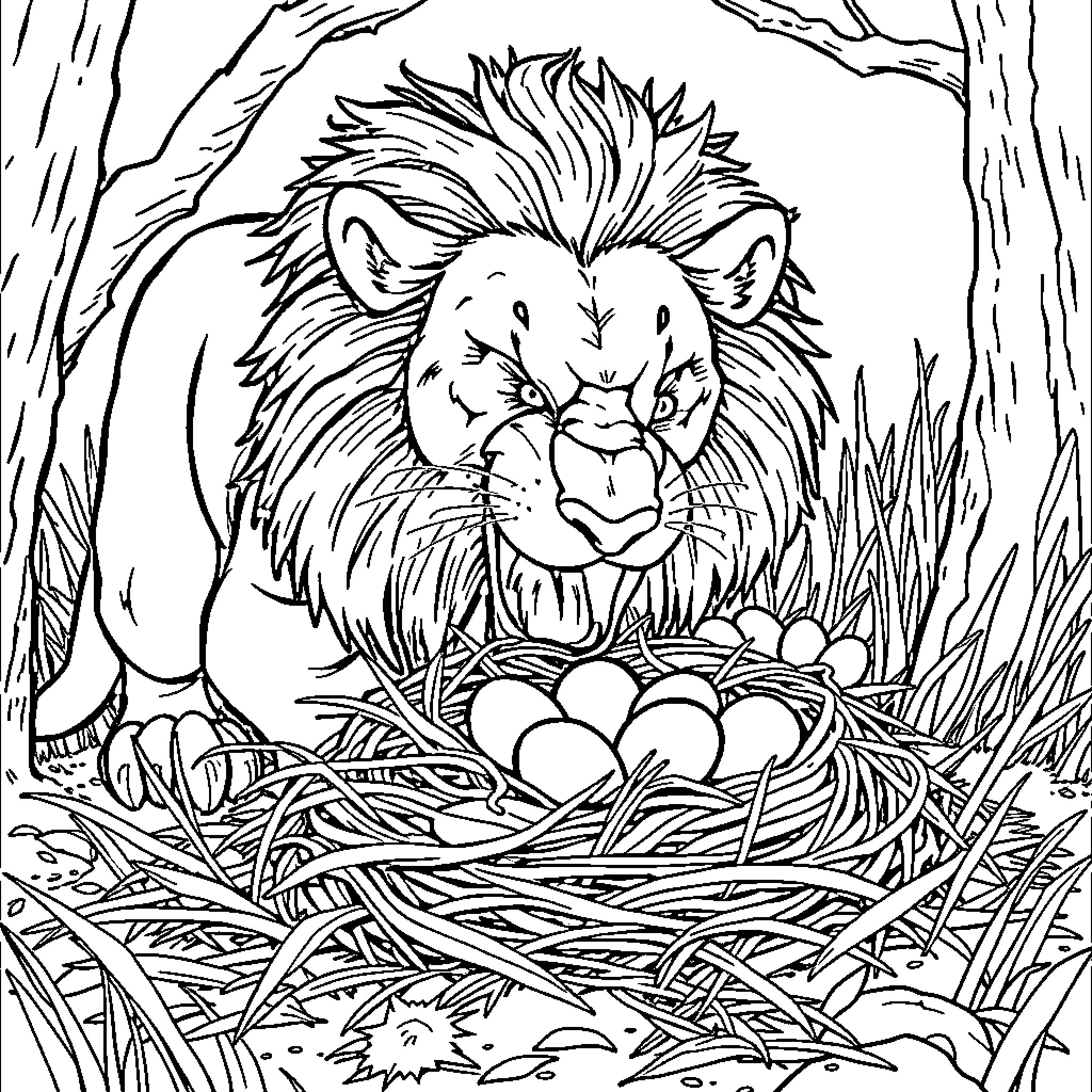 Lion guarding its eggs in the nest Coloring Page (free black-and-white line drawing printable PDF for all, from beginners to advanced learners, including children, teens, adults, and seniors)