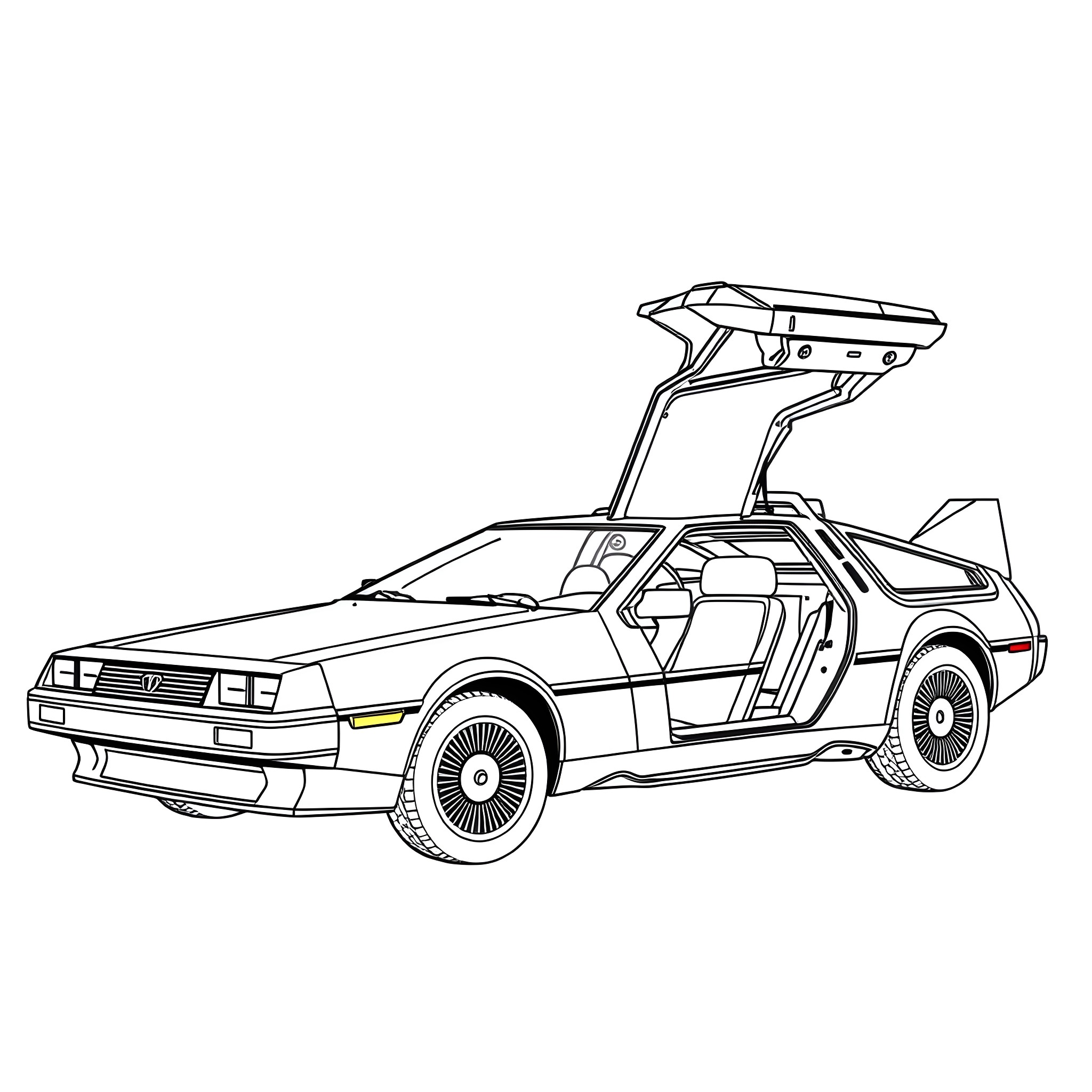 Car with futuristic design and gull-wing doors Coloring Page (free black-and-white line drawing printable PDF for all, from beginners to advanced learners, including children, teens, adults, and seniors)