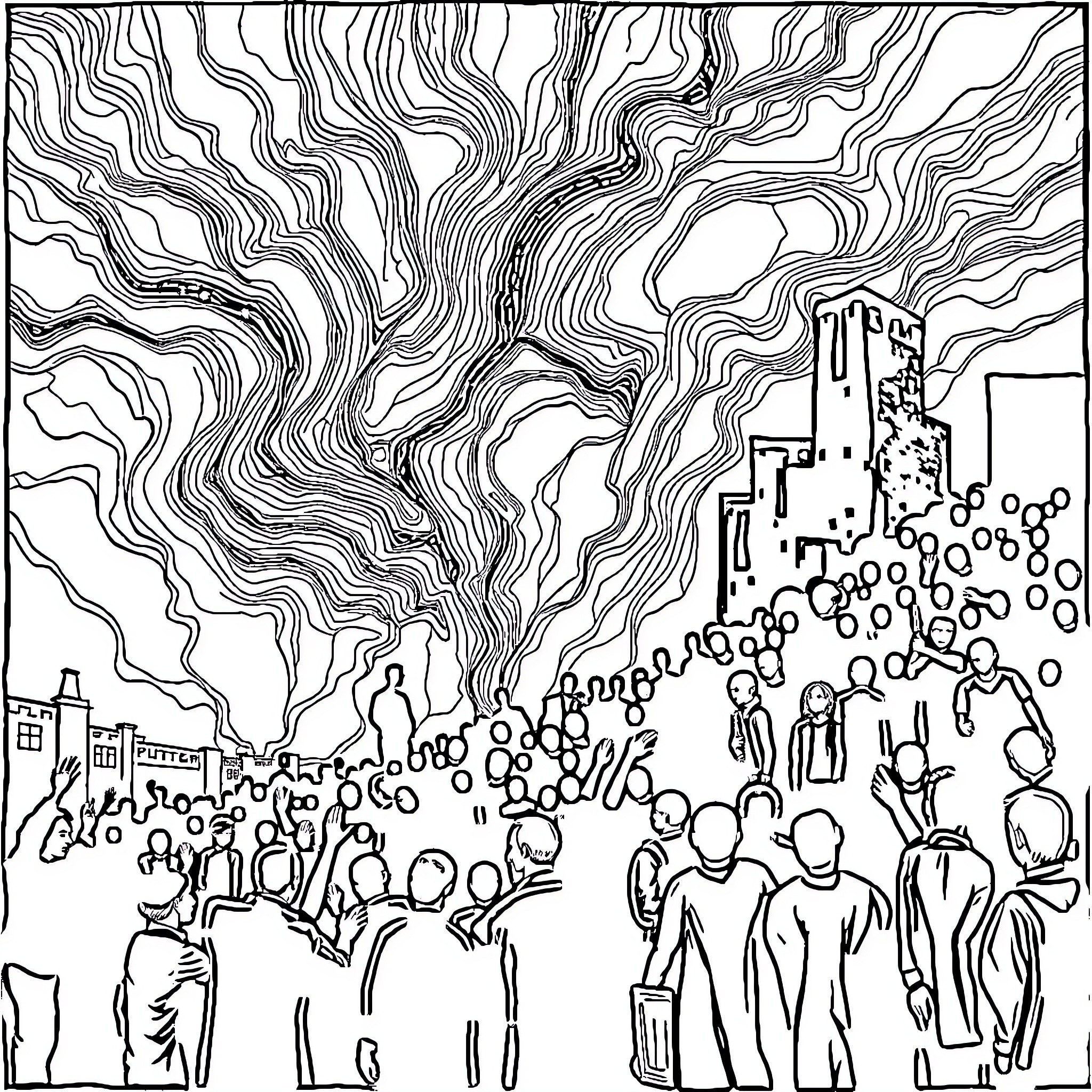 Guernica: Figures in distress amidst chaotic lines Coloring Page (free black-and-white line drawing printable PDF for all, from beginners to advanced learners, including children, teens, adults, and seniors)