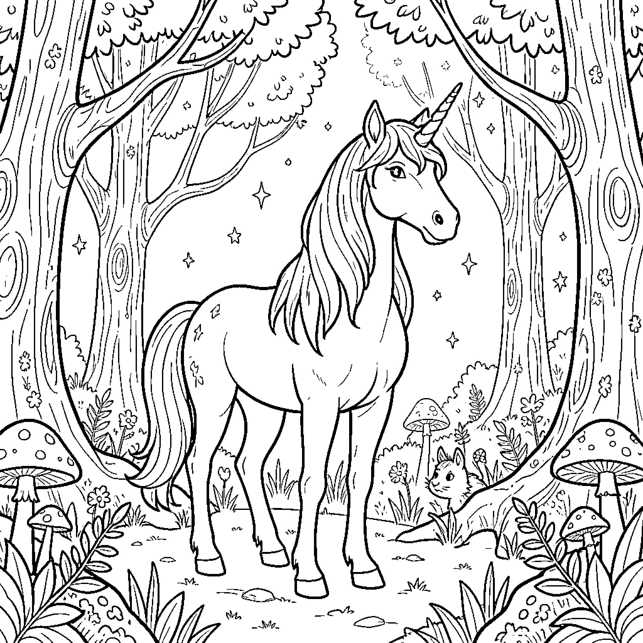 Unicorn standing majestically in a magical forest Coloring Page (free black-and-white line drawing printable PDF for all, from beginners to advanced learners, including children, teens, adults, and seniors)