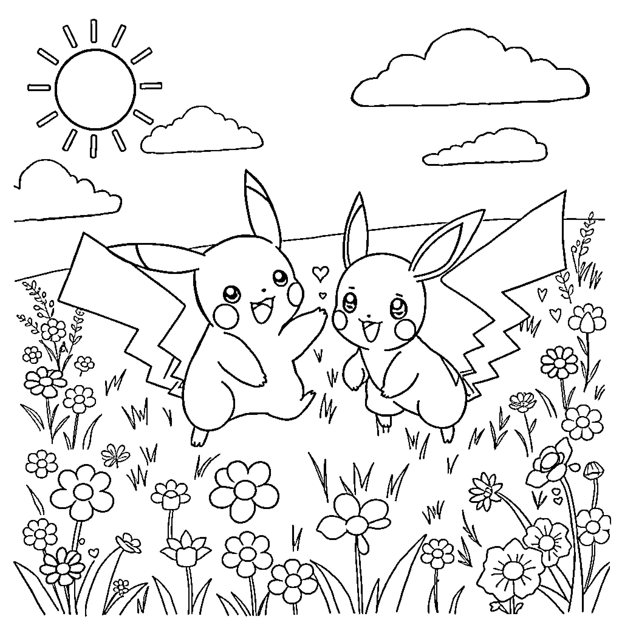 Pikachu and Pichu playing in a flowery field Coloring Page (free black-and-white line drawing printable PDF for all, from beginners to advanced learners, including children, teens, adults, and seniors)