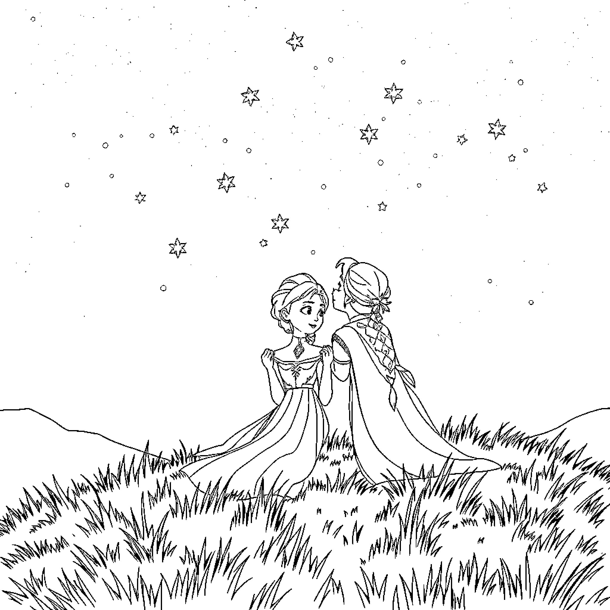 Elsa and Anna enjoying a starry night in the meadow Coloring Page (free black-and-white line drawing printable PDF for all, from beginners to advanced learners, including children, teens, adults, and seniors)