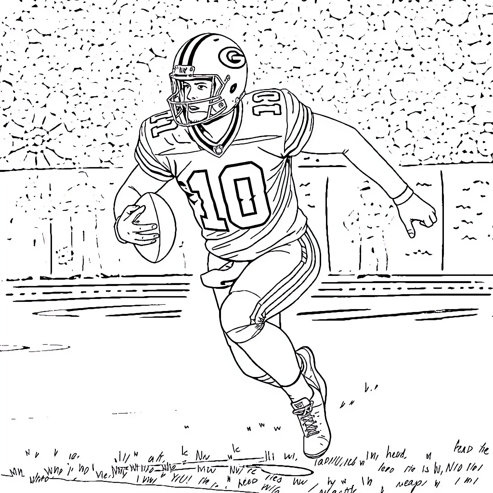 Football Player Running with Ball on the Field Coloring Page (free black-and-white line drawing printable PDF for all, from beginners to advanced learners, including children, teens, adults, and seniors)