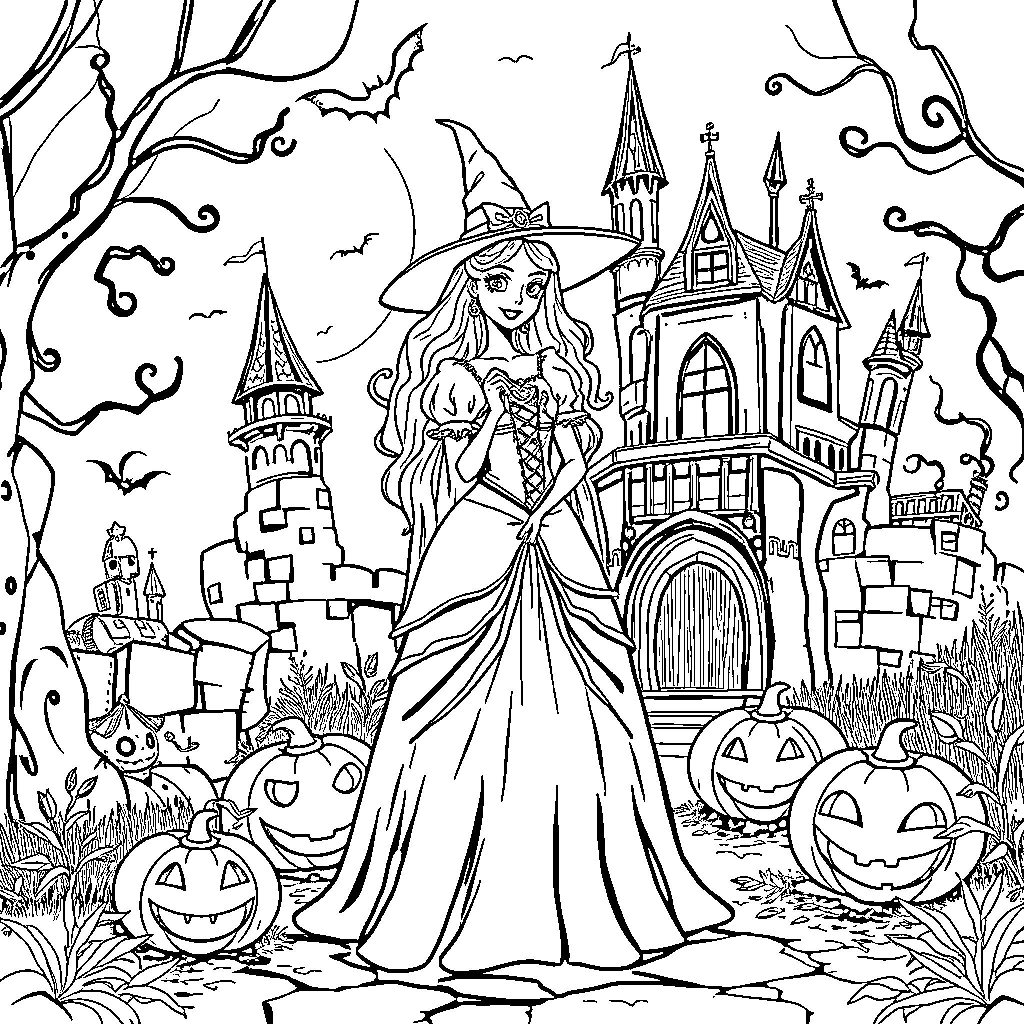 Princess Enjoying a Halloween Night at the Castle Coloring Page (free black-and-white line drawing printable PDF for all, from beginners to advanced learners, including children, teens, adults, and seniors)