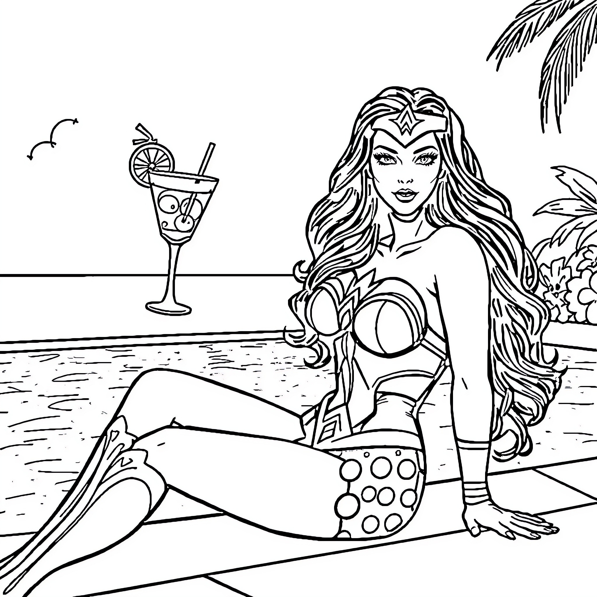 Wonder Woman Relaxing on the Beach Coloring Page (free black-and-white line drawing printable PDF for all, from beginners to advanced learners, including children, teens, adults, and seniors)