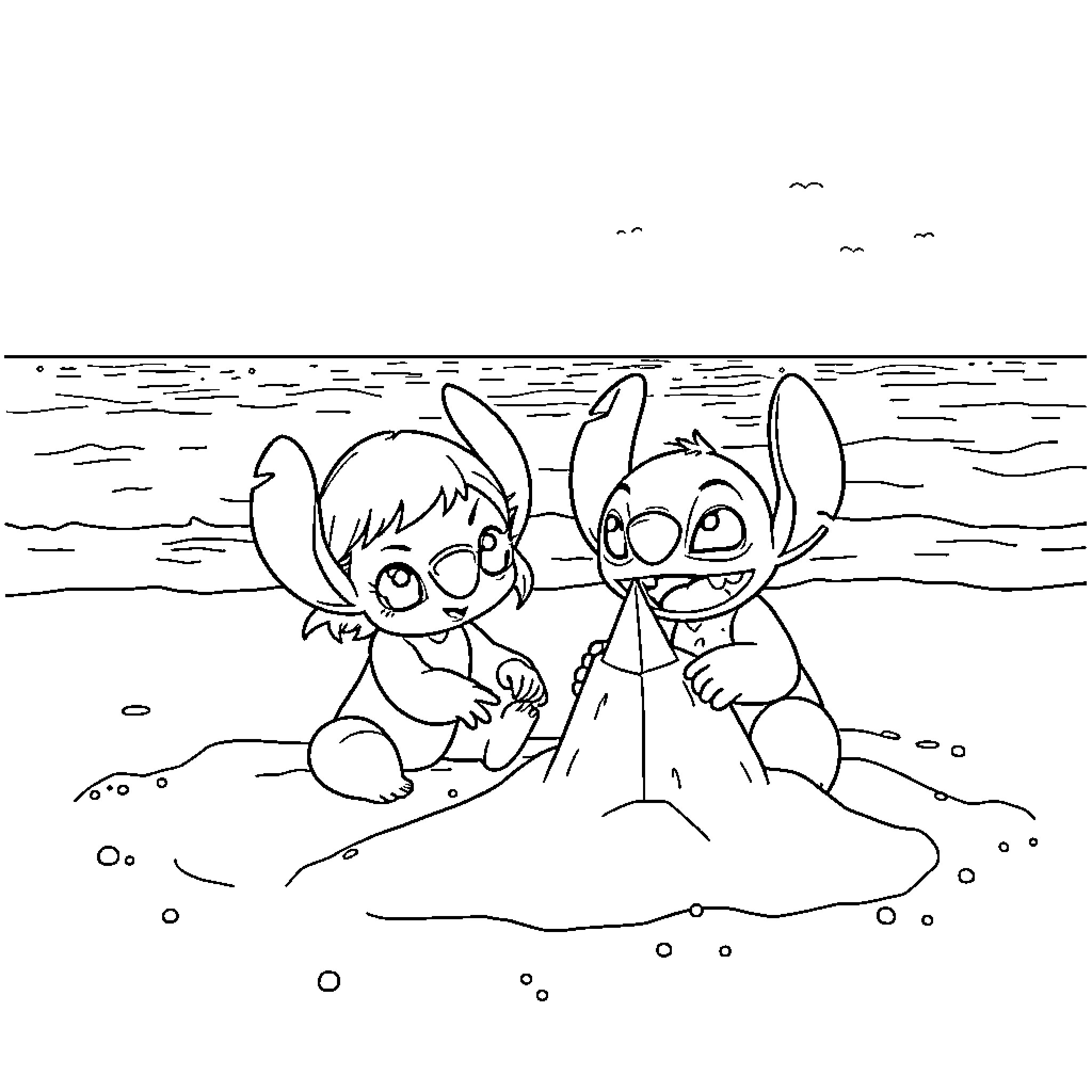 Kuromi and Stitch playing happily on the beach Coloring Page (free black-and-white line drawing printable PDF for all, from beginners to advanced learners, including children, teens, adults, and seniors)