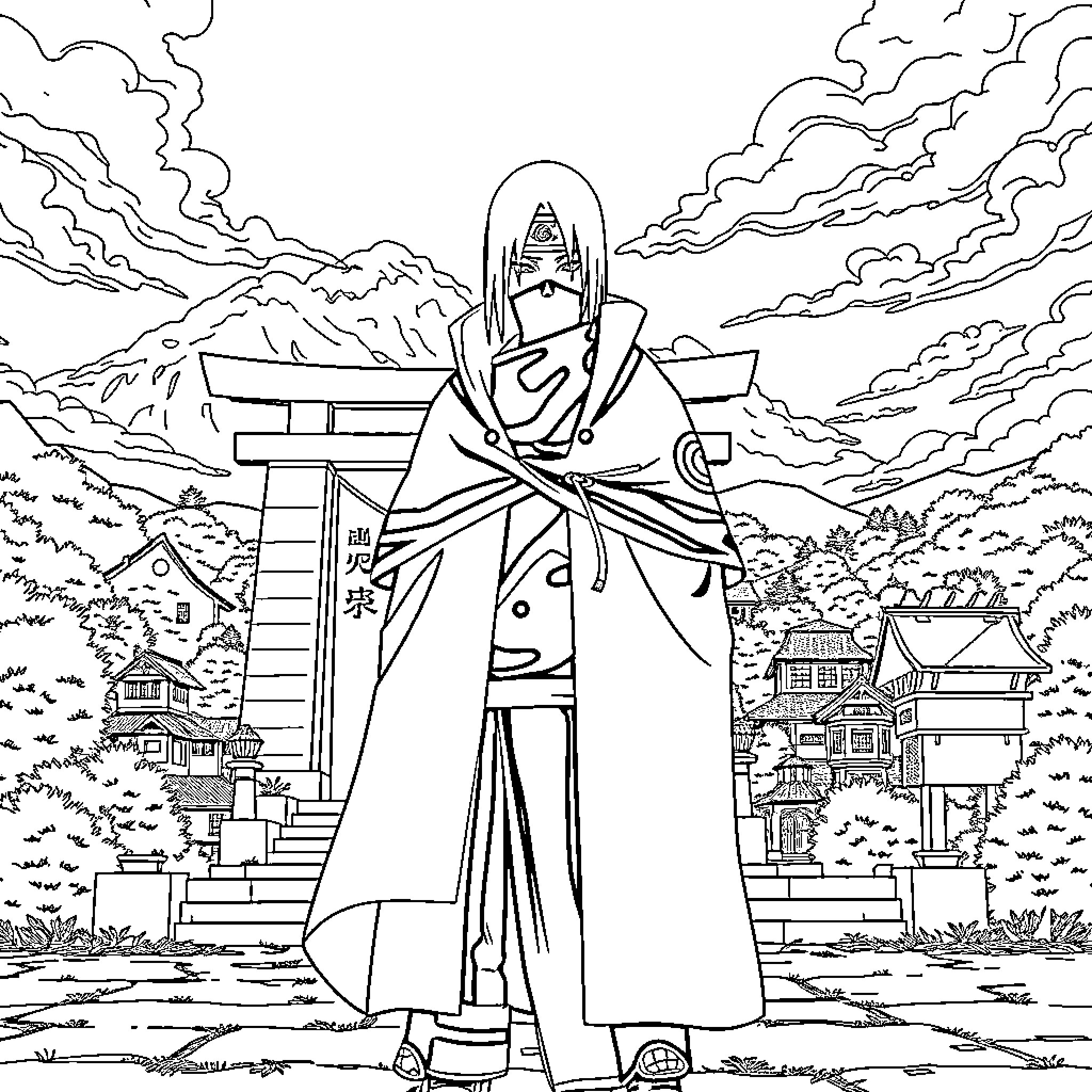 Itachi standing solemnly in a serene Japanese landscape Coloring Page (free black-and-white line drawing printable PDF for all, from beginners to advanced learners, including children, teens, adults, and seniors)