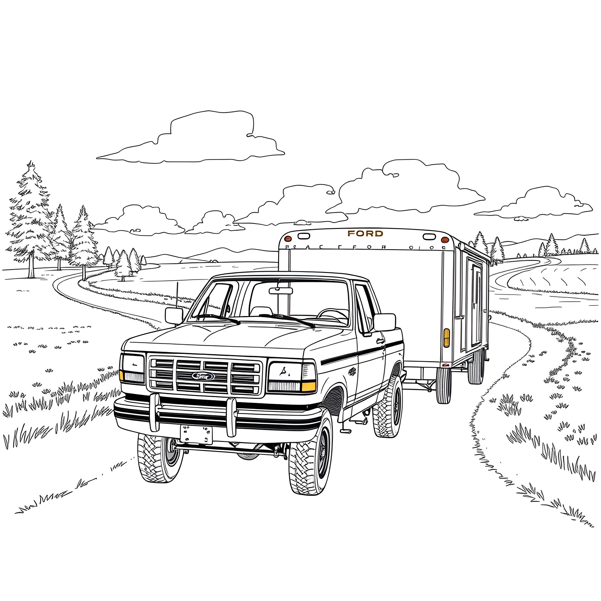 Ford F350 hauling a trailer on a rural road Coloring Page (free black-and-white line drawing printable PDF for all, from beginners to advanced learners, including children, teens, adults, and seniors)