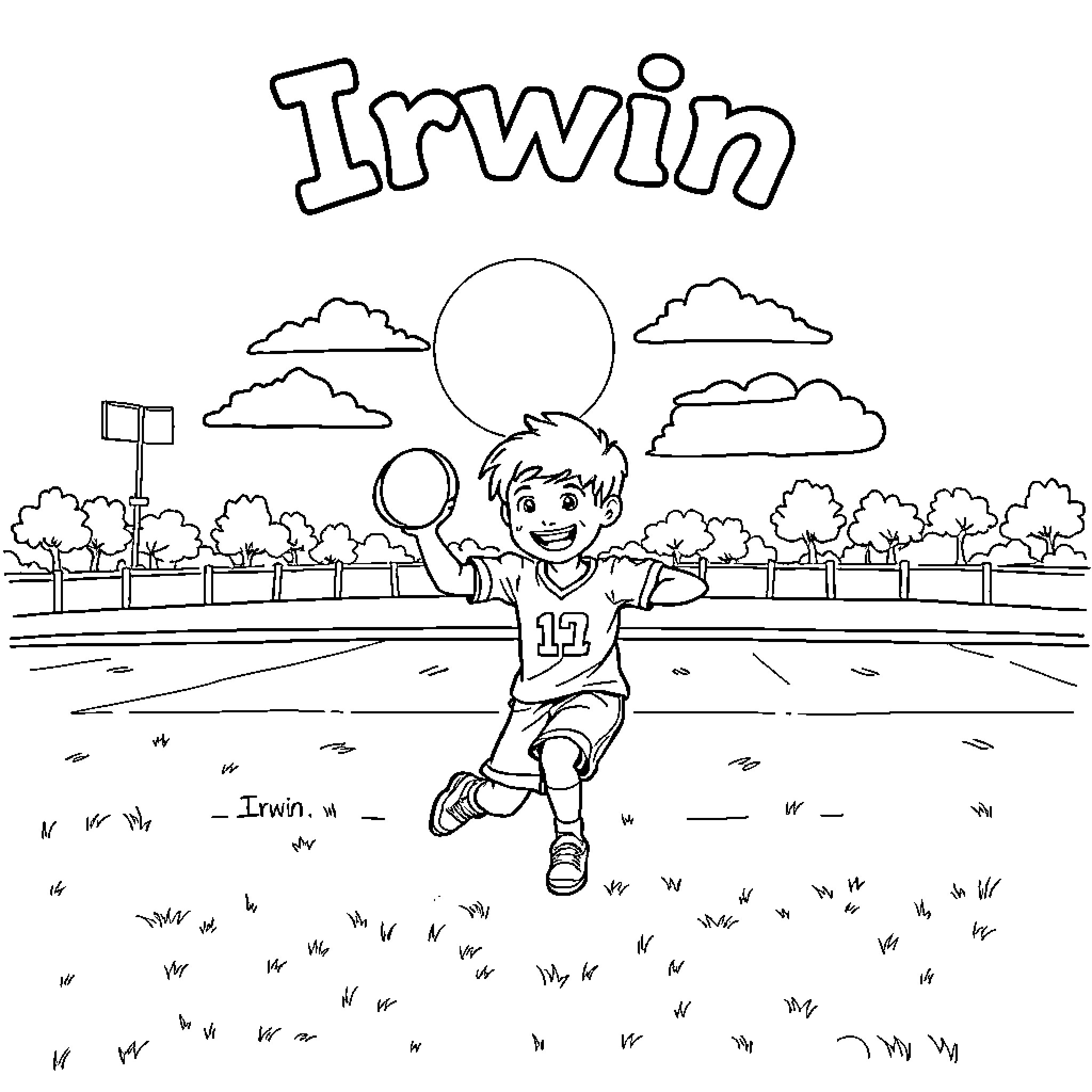 Boy playing with a ball on the field Coloring Page (free black-and-white line drawing printable PDF for all, from beginners to advanced learners, including children, teens, adults, and seniors)