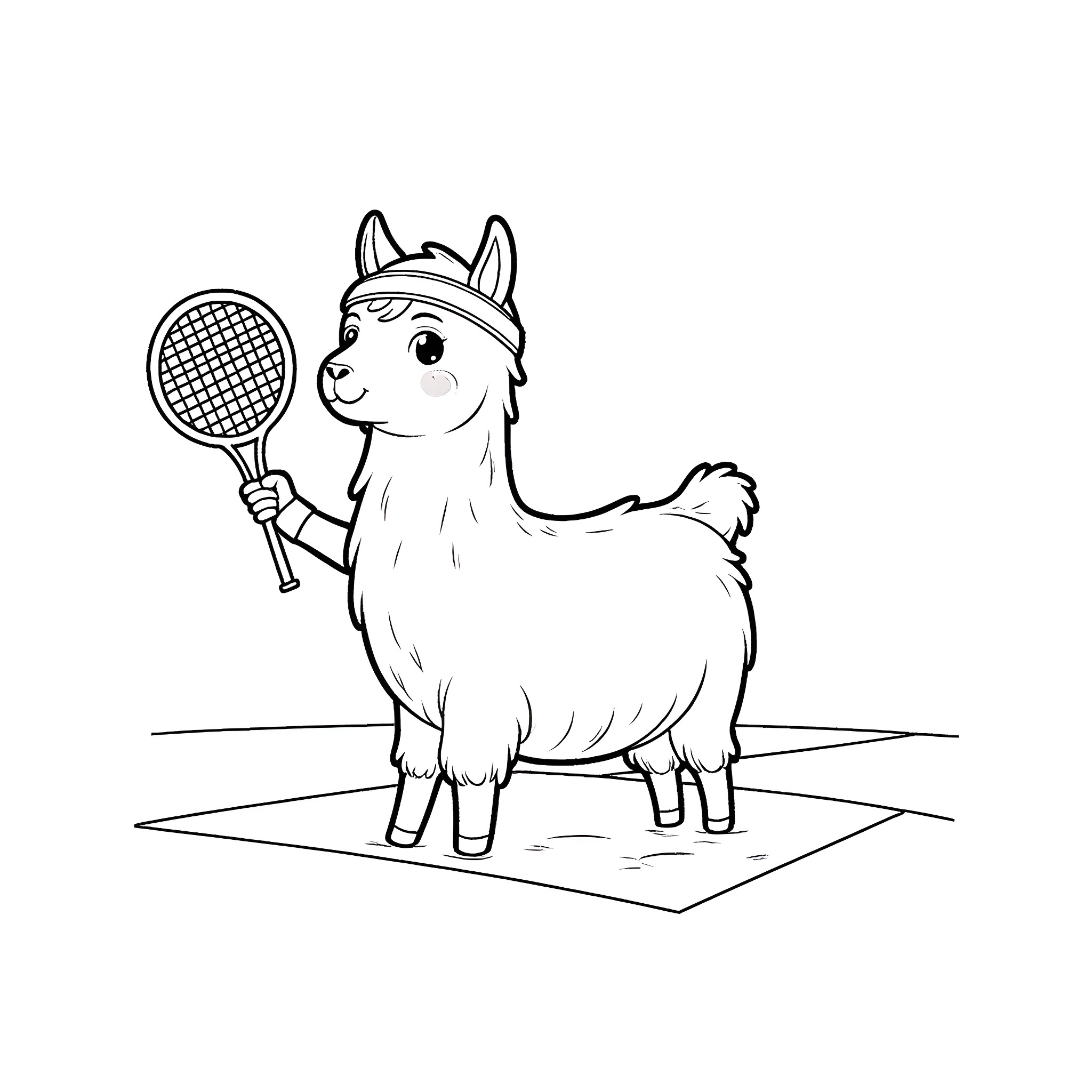 Llama playing tennis on court Coloring Page (free black-and-white line drawing printable PDF for all, from beginners to advanced learners, including children, teens, adults, and seniors)