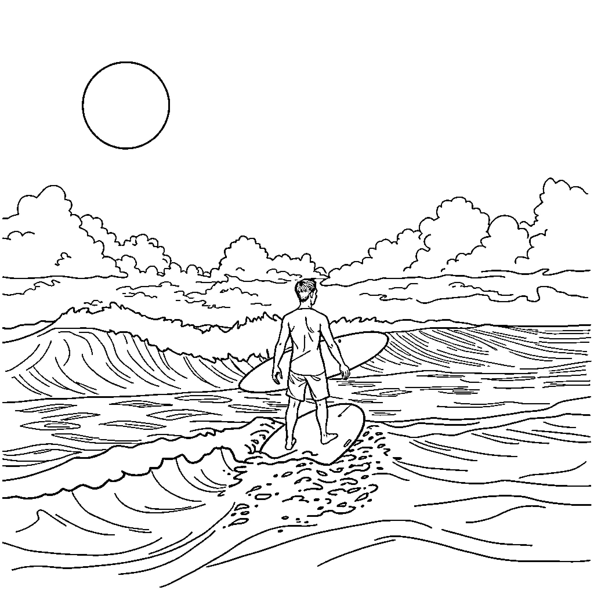 Surfer riding the waves in the serene ocean Coloring Page (free black-and-white line drawing printable PDF for all, from beginners to advanced learners, including children, teens, adults, and seniors)