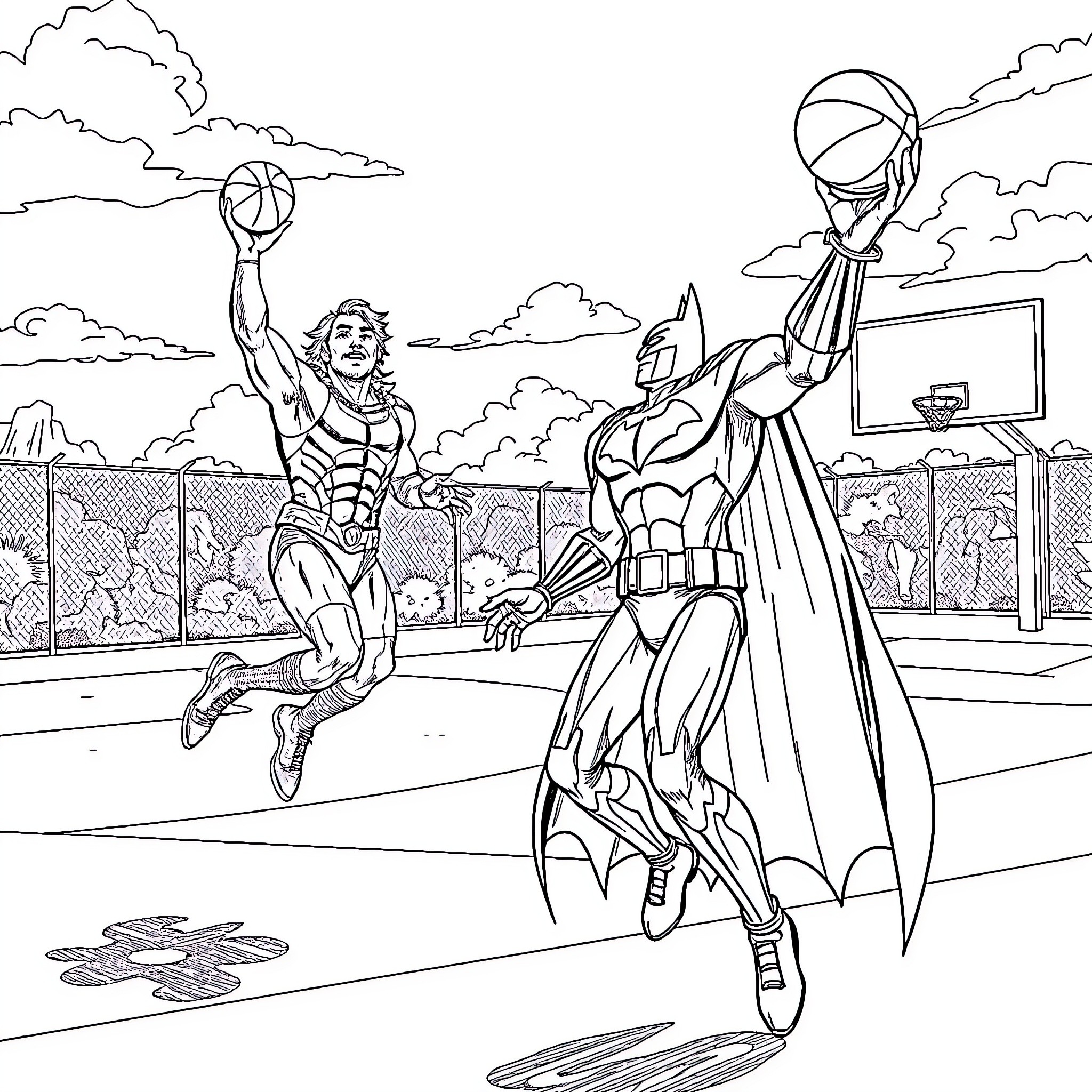 Batman and Basketball Player in Action-Packed Scene Coloring Page (free black-and-white line drawing printable PDF for all, from beginners to advanced learners, including children, teens, adults, and seniors)