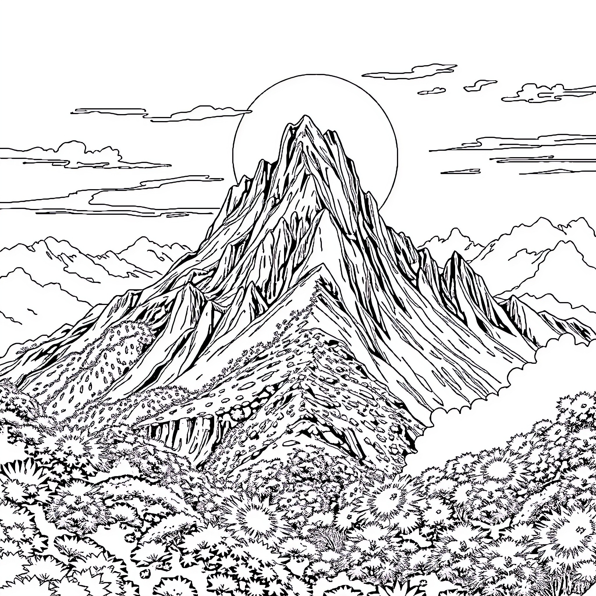 Mountain Landscape with Serene Nature Scenery Coloring Page (free black-and-white line drawing printable PDF for all, from beginners to advanced learners, including children, teens, adults, and seniors)