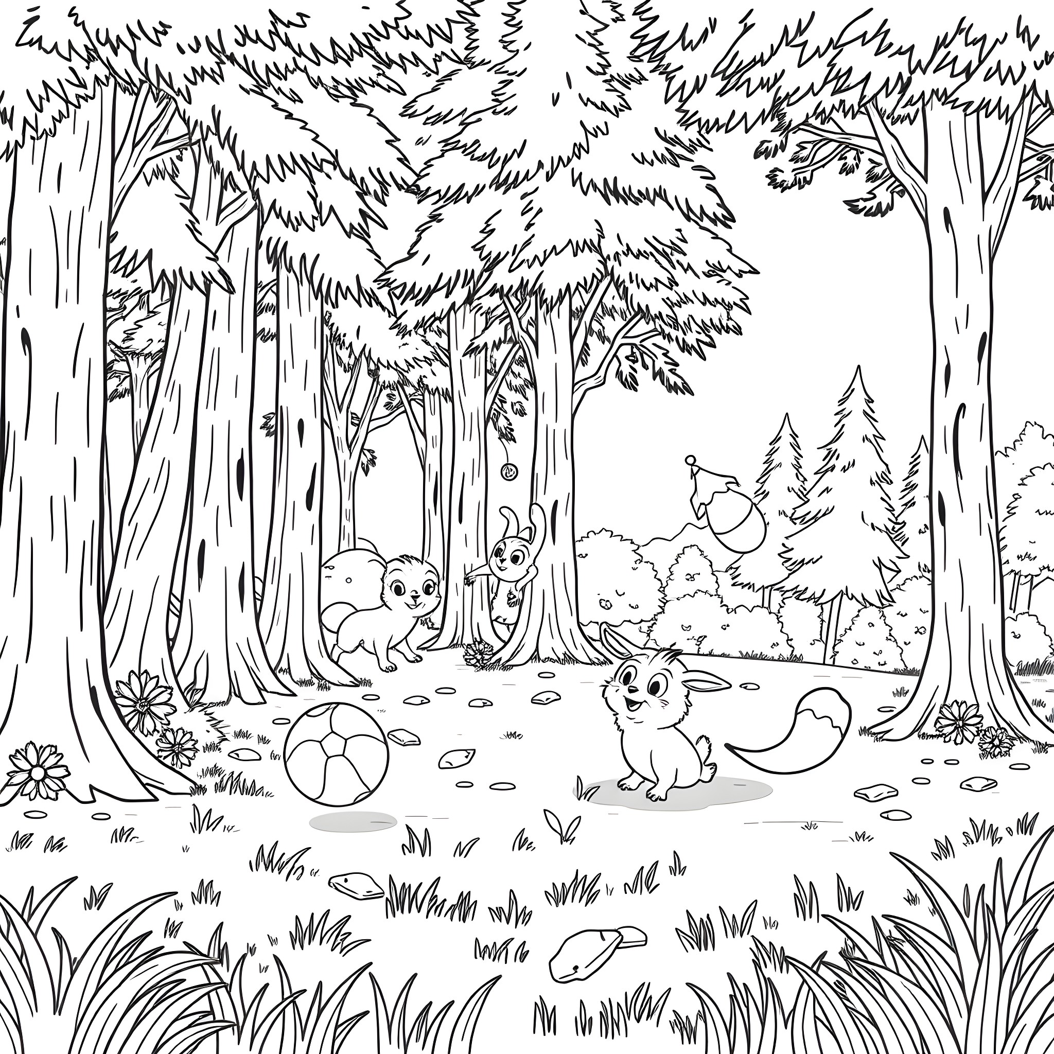 Waja's Forest Adventure with Playful Creatures Coloring Page (free black-and-white line drawing printable PDF for all, from beginners to advanced learners, including children, teens, adults, and seniors)