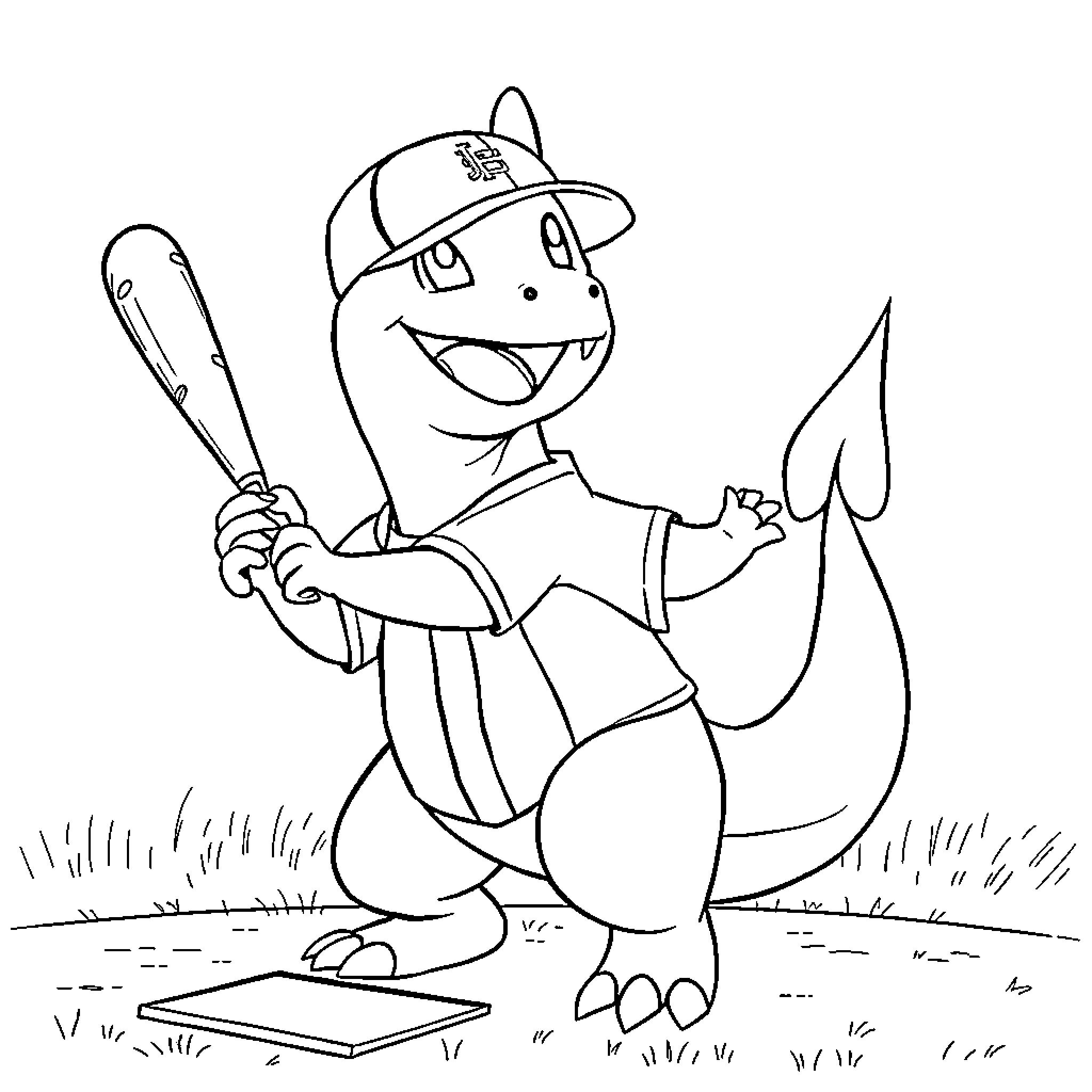 Charmander playing baseball on the field Coloring Page (free black-and-white line drawing printable PDF for all, from beginners to advanced learners, including children, teens, adults, and seniors)