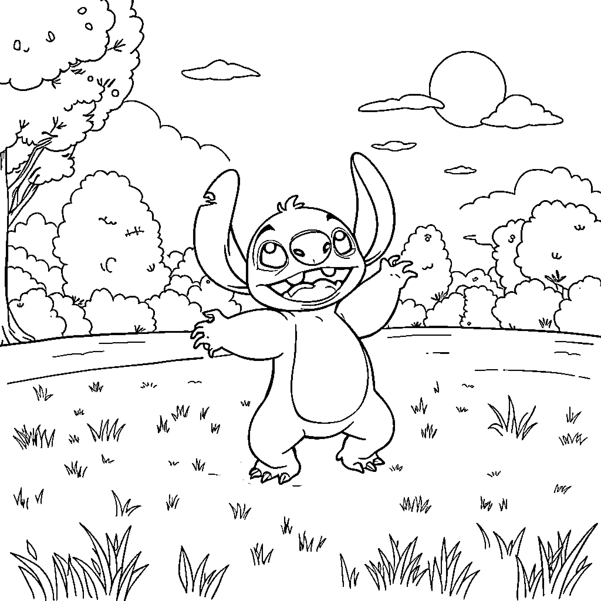 Stitch dancing joyfully in a natural setting Coloring Page (free black-and-white line drawing printable PDF for all, from beginners to advanced learners, including children, teens, adults, and seniors)
