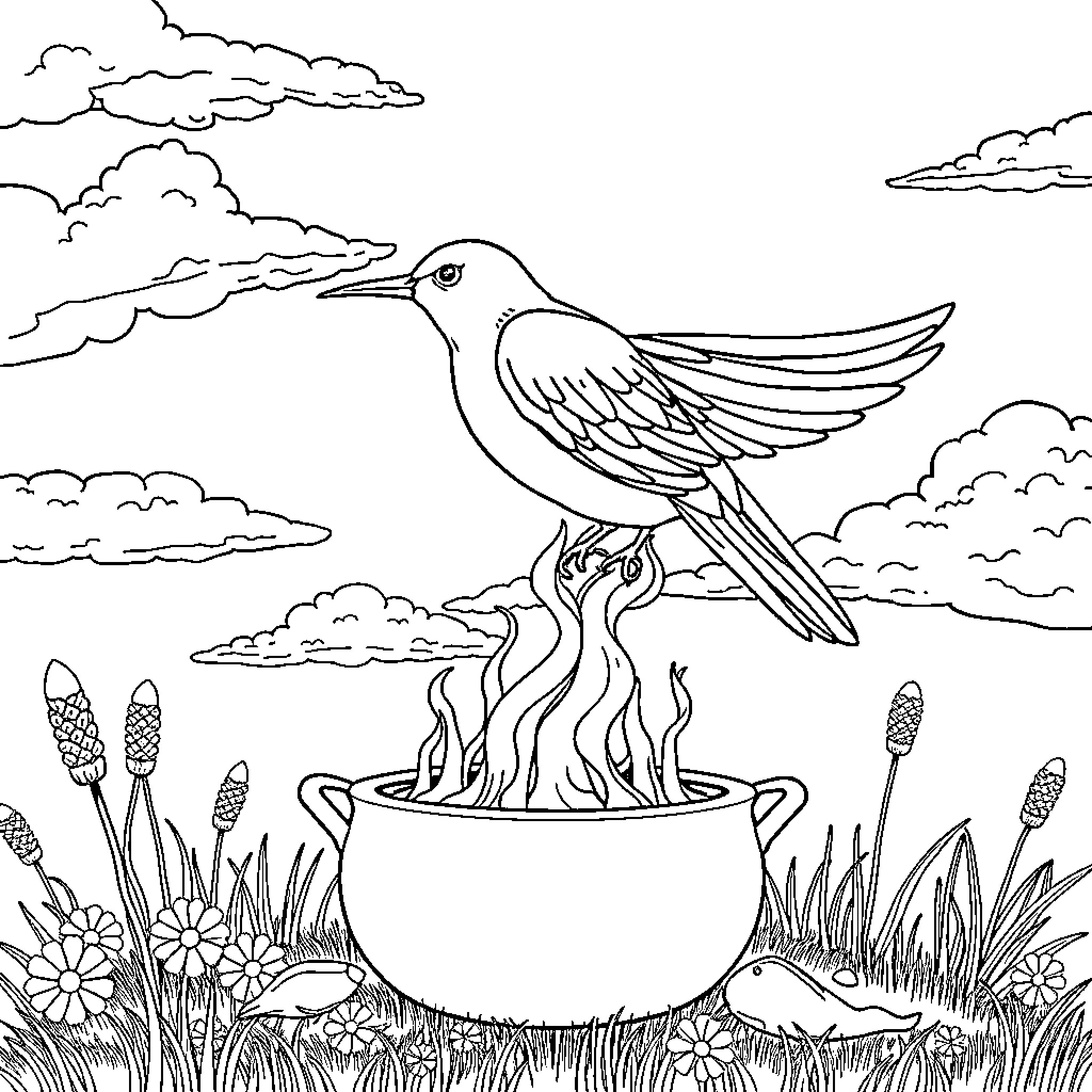 Rainbow bird soaring through the clouds Coloring Page (free black-and-white line drawing printable PDF for all, from beginners to advanced learners, including children, teens, adults, and seniors)