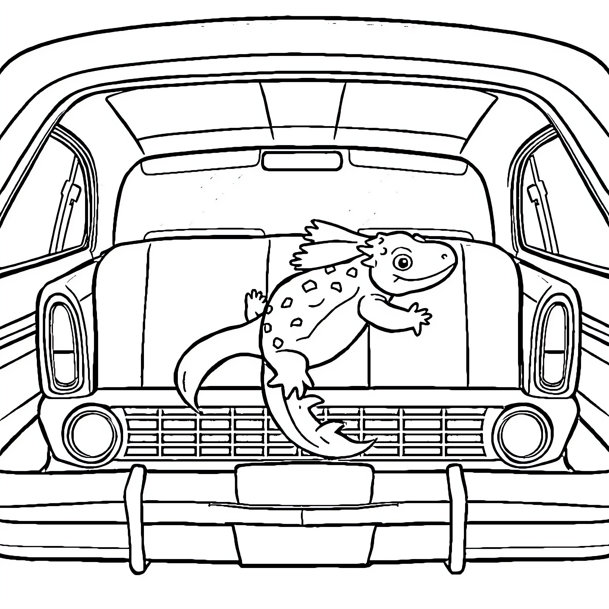 Axolotl riding in a car Coloring Page (free black-and-white line drawing printable PDF for all, from beginners to advanced learners, including children, teens, adults, and seniors)