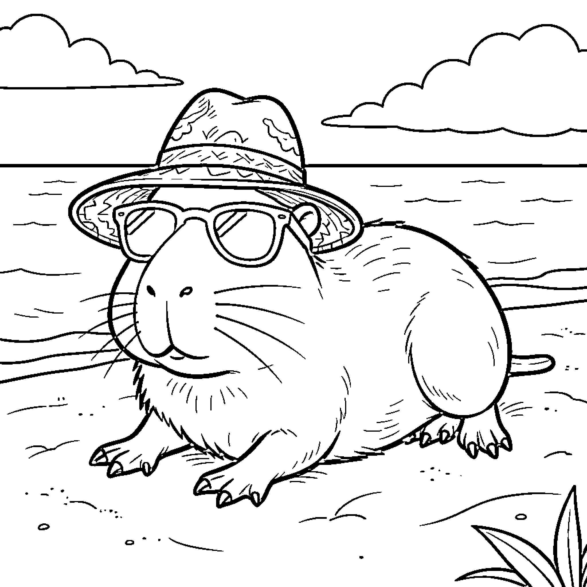 Capybara relaxing on the beach in sunglasses and hat Coloring Page (free black-and-white line drawing printable PDF for all, from beginners to advanced learners, including children, teens, adults, and seniors)