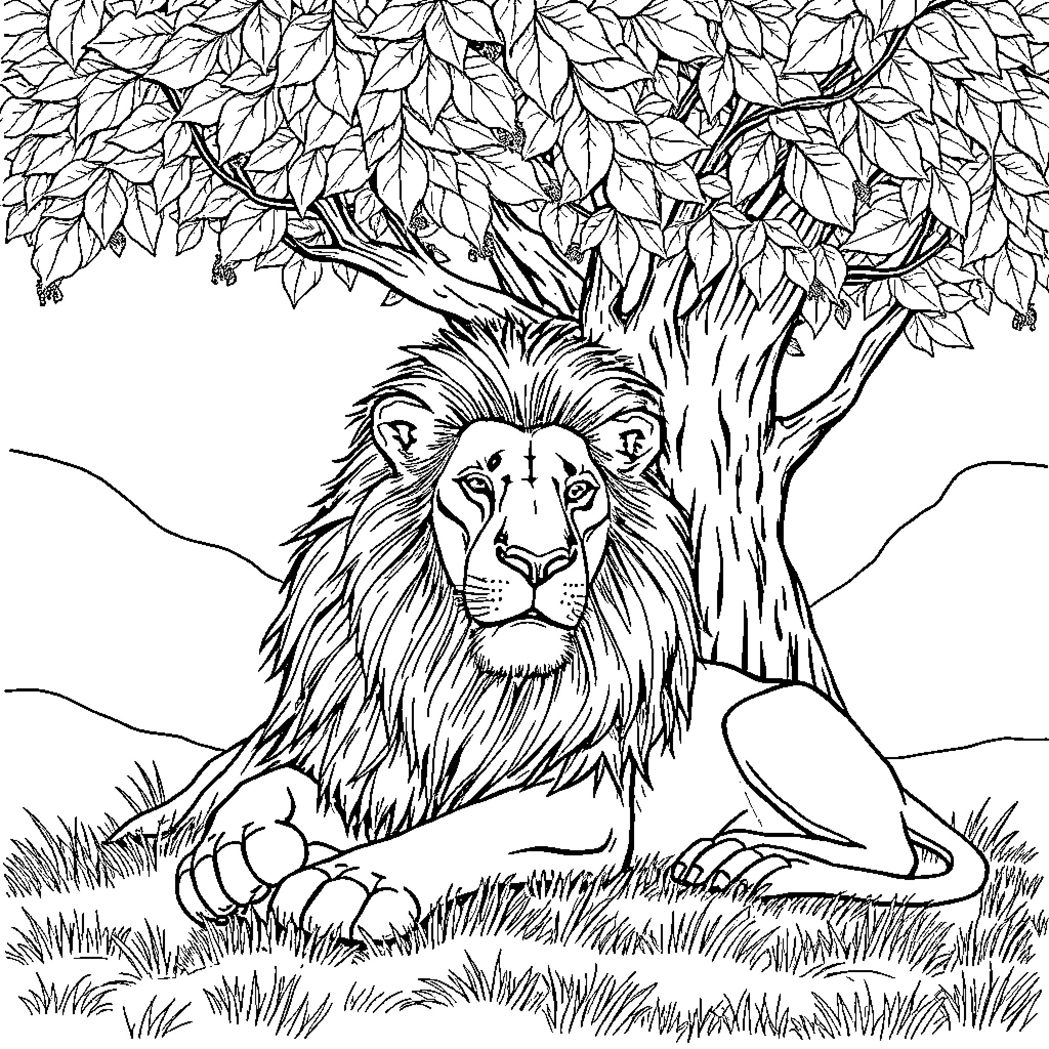 Lion resting under a leafy tree Coloring Page (free black-and-white line drawing printable PDF for all, from beginners to advanced learners, including children, teens, adults, and seniors)