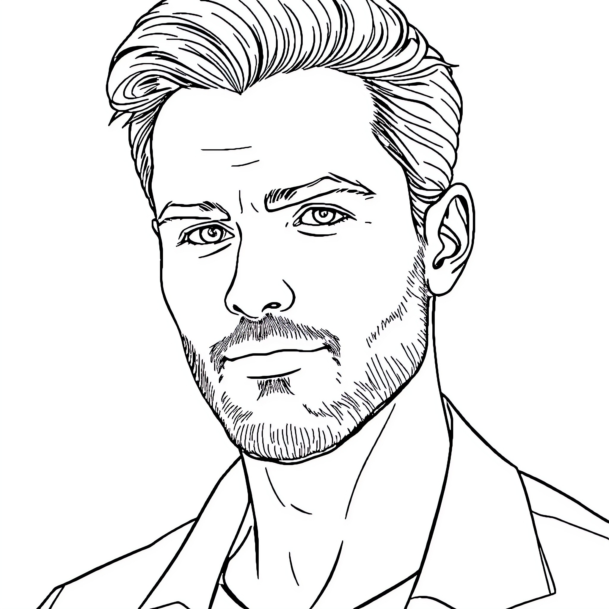 Man with stylish haircut and beard in pensive pose Coloring Page (free black-and-white line drawing printable PDF for all, from beginners to advanced learners, including children, teens, adults, and seniors)