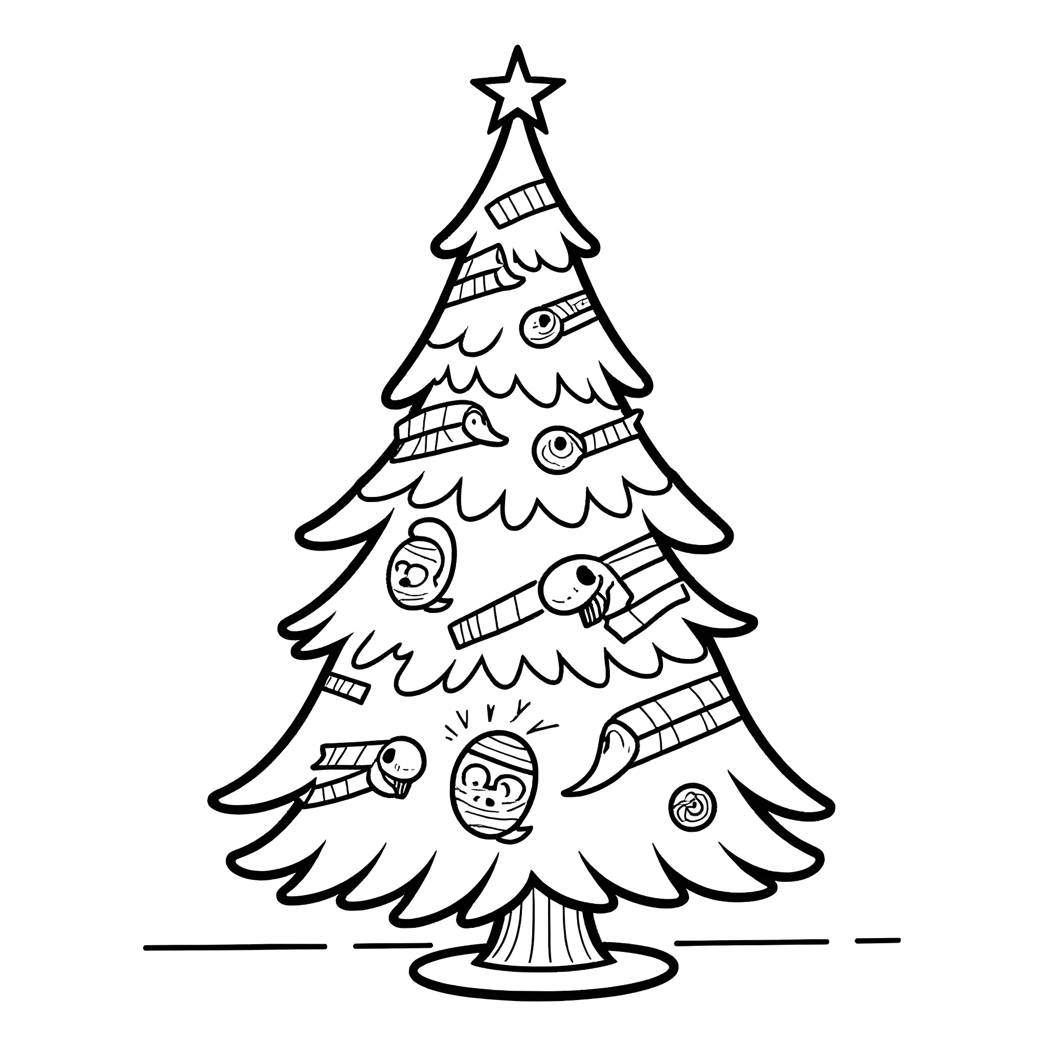 Christmas Tree with Ornaments and Decorations Coloring Page (free black-and-white line drawing printable PDF for all, from beginners to advanced learners, including children, teens, adults, and seniors)