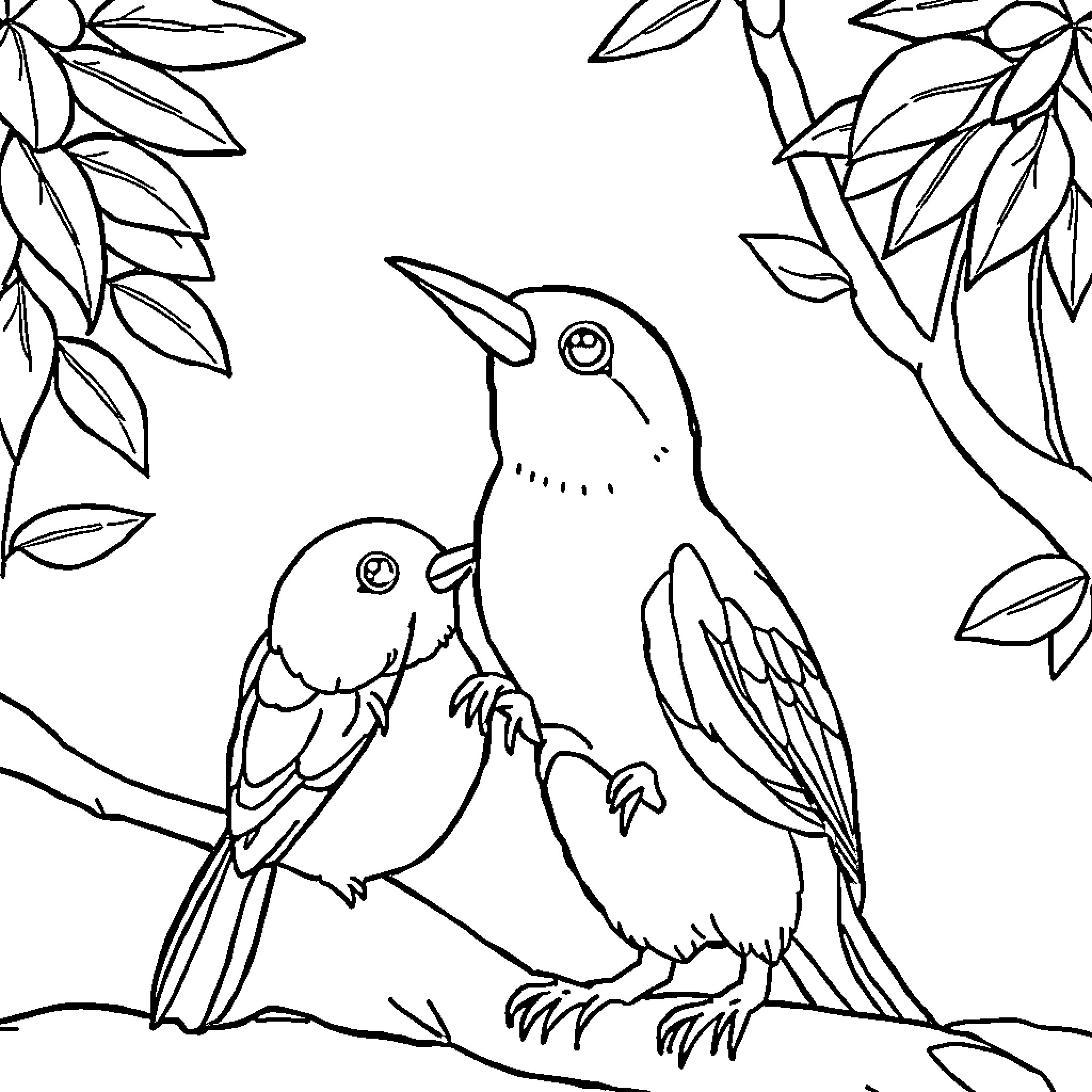 Budgie birds perched on tree branches Coloring Page (free black-and-white line drawing printable PDF for all, from beginners to advanced learners, including children, teens, adults, and seniors)