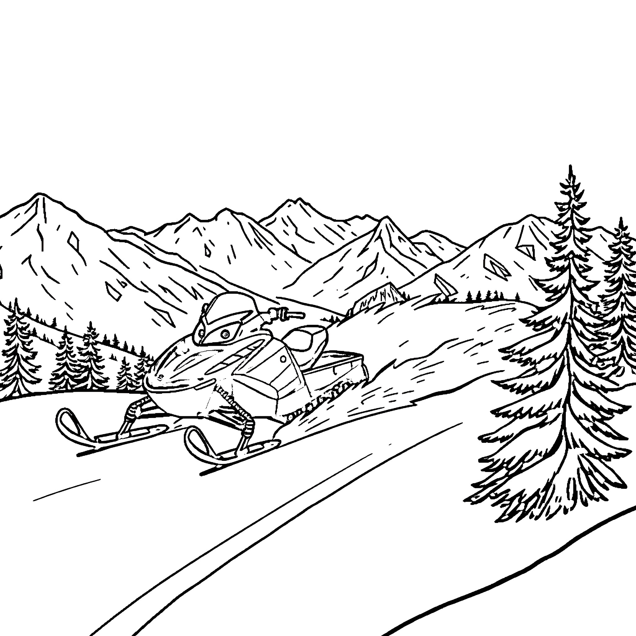 Snowmobile speeding through snowy mountain landscape Coloring Page (free black-and-white line drawing printable PDF for all, from beginners to advanced learners, including children, teens, adults, and seniors)