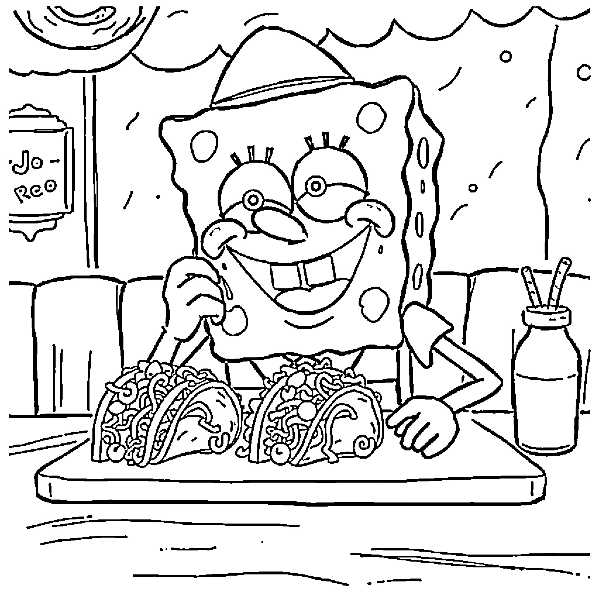 Spongebob enjoying a delicious meal Coloring Page (free black-and-white line drawing printable PDF for all, from beginners to advanced learners, including children, teens, adults, and seniors)