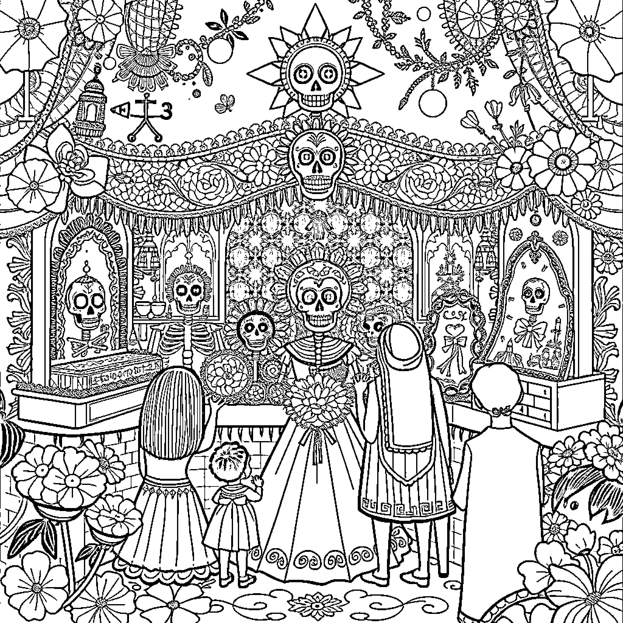 Dia de los Muertos: Festive Skeletons and Floral Celebrations Coloring Page (free black-and-white line drawing printable PDF for all, from beginners to advanced learners, including children, teens, adults, and seniors)