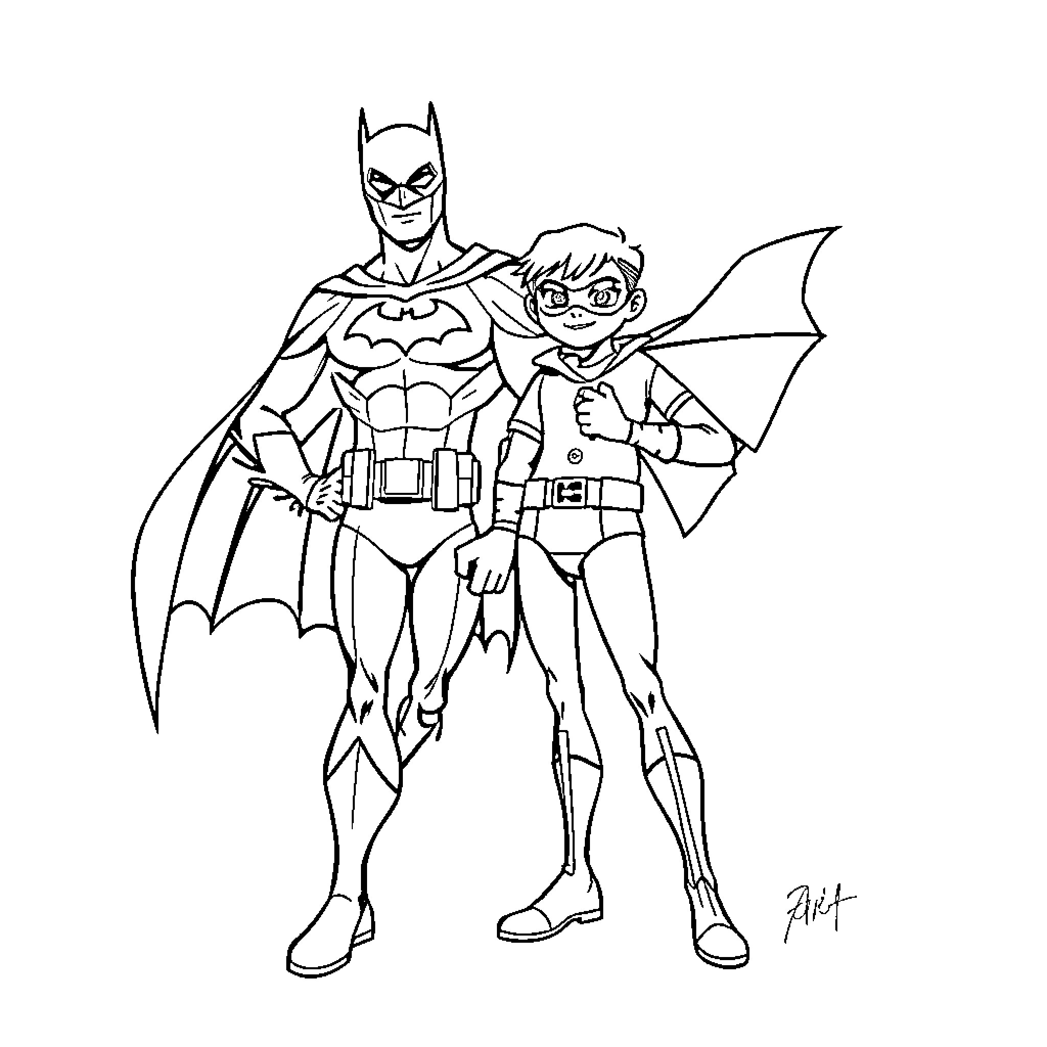 Batman and his young sidekick in heroic action Coloring Page (free black-and-white line drawing printable PDF for all, from beginners to advanced learners, including children, teens, adults, and seniors)