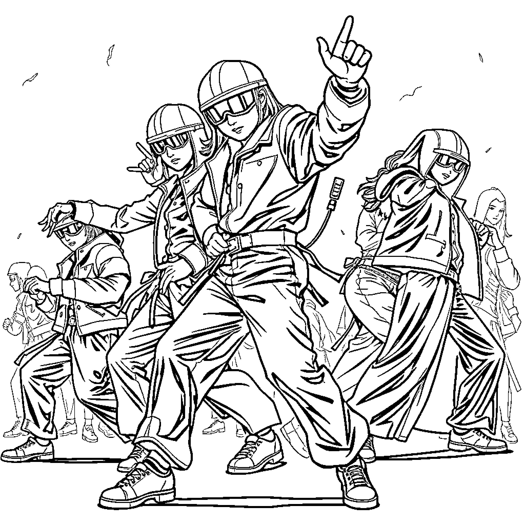 K Pop Warrior Squad in Fierce Choreographed Poses Coloring Page (free black-and-white line drawing printable PDF for all, from beginners to advanced learners, including children, teens, adults, and seniors)