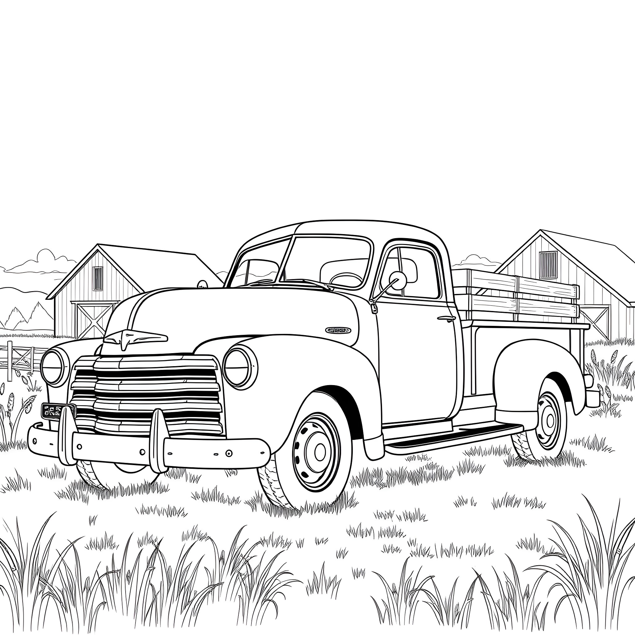 Truck parked in a countryside setting Coloring Page (free black-and-white line drawing printable PDF for all, from beginners to advanced learners, including children, teens, adults, and seniors)