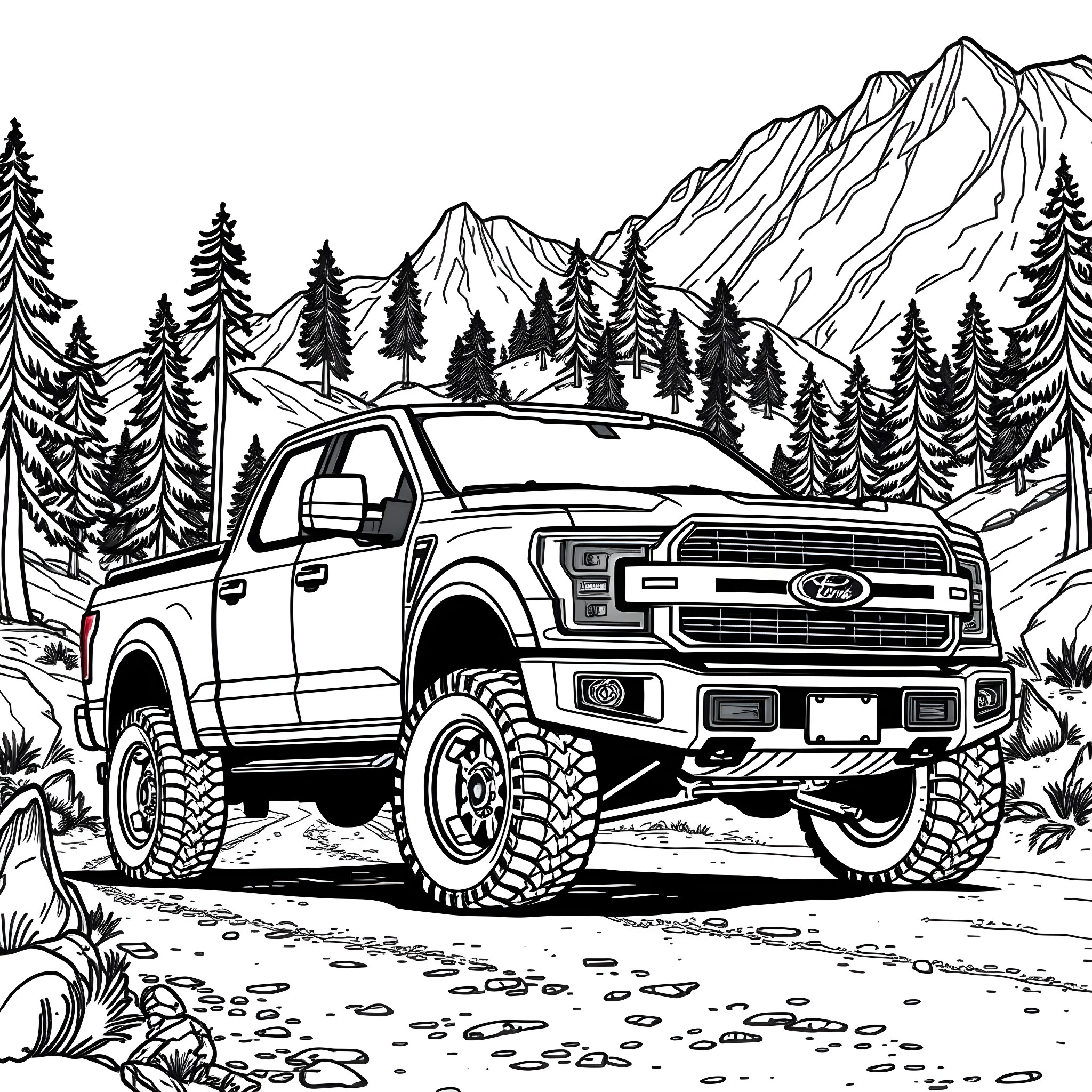 Pick Up Truck Navigating Rugged Terrain in the Mountains Coloring Page (free black-and-white line drawing printable PDF for all, from beginners to advanced learners, including children, teens, adults, and seniors)