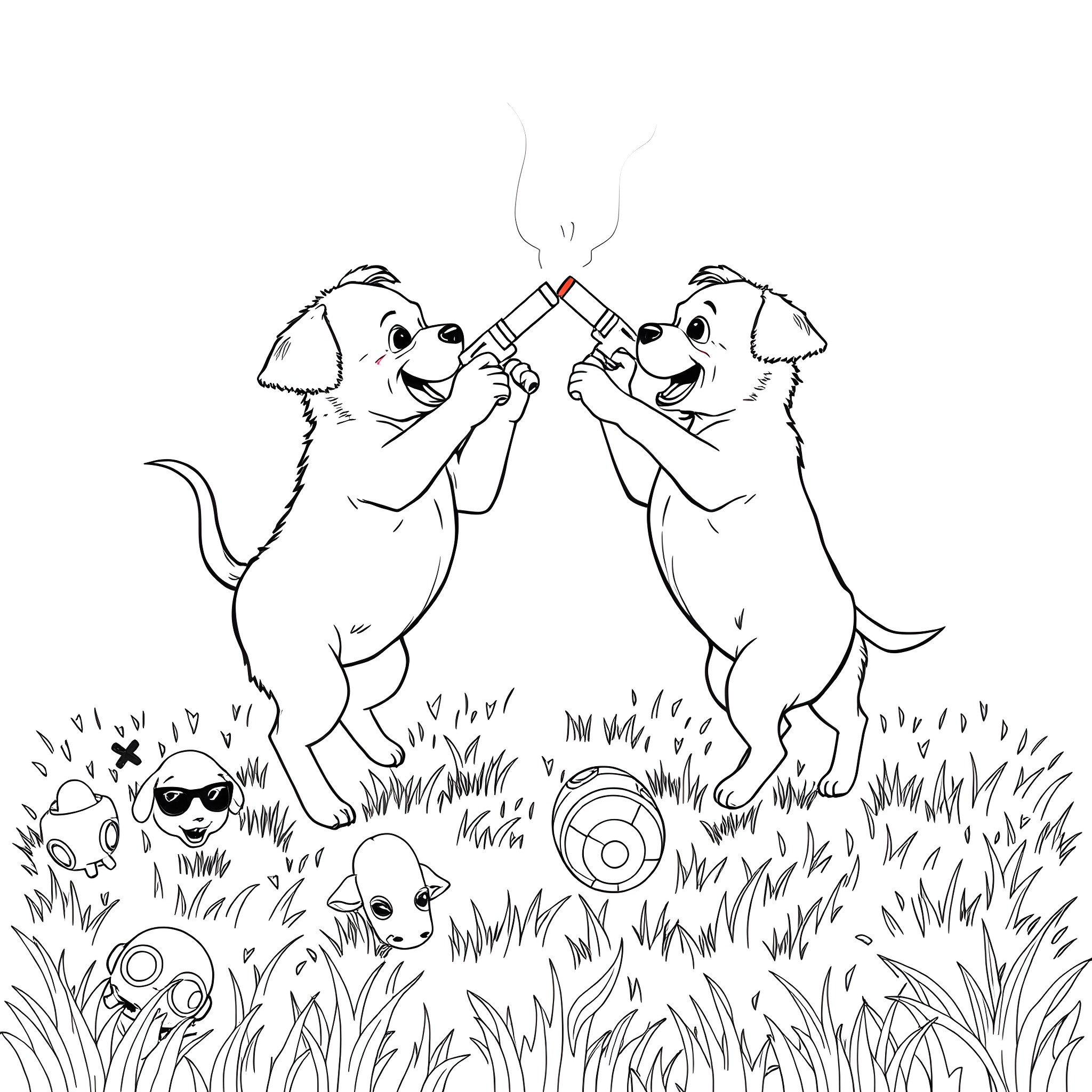 Puppies playing joyfully in the grassy field Coloring Page (free black-and-white line drawing printable PDF for all, from beginners to advanced learners, including children, teens, adults, and seniors)