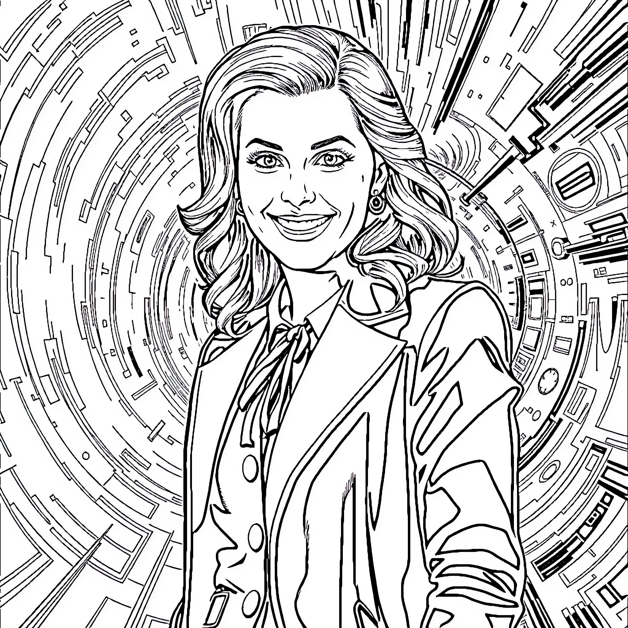 Doctor examining medical equipment with a smile Coloring Page (free black-and-white line drawing printable PDF for all, from beginners to advanced learners, including children, teens, adults, and seniors)