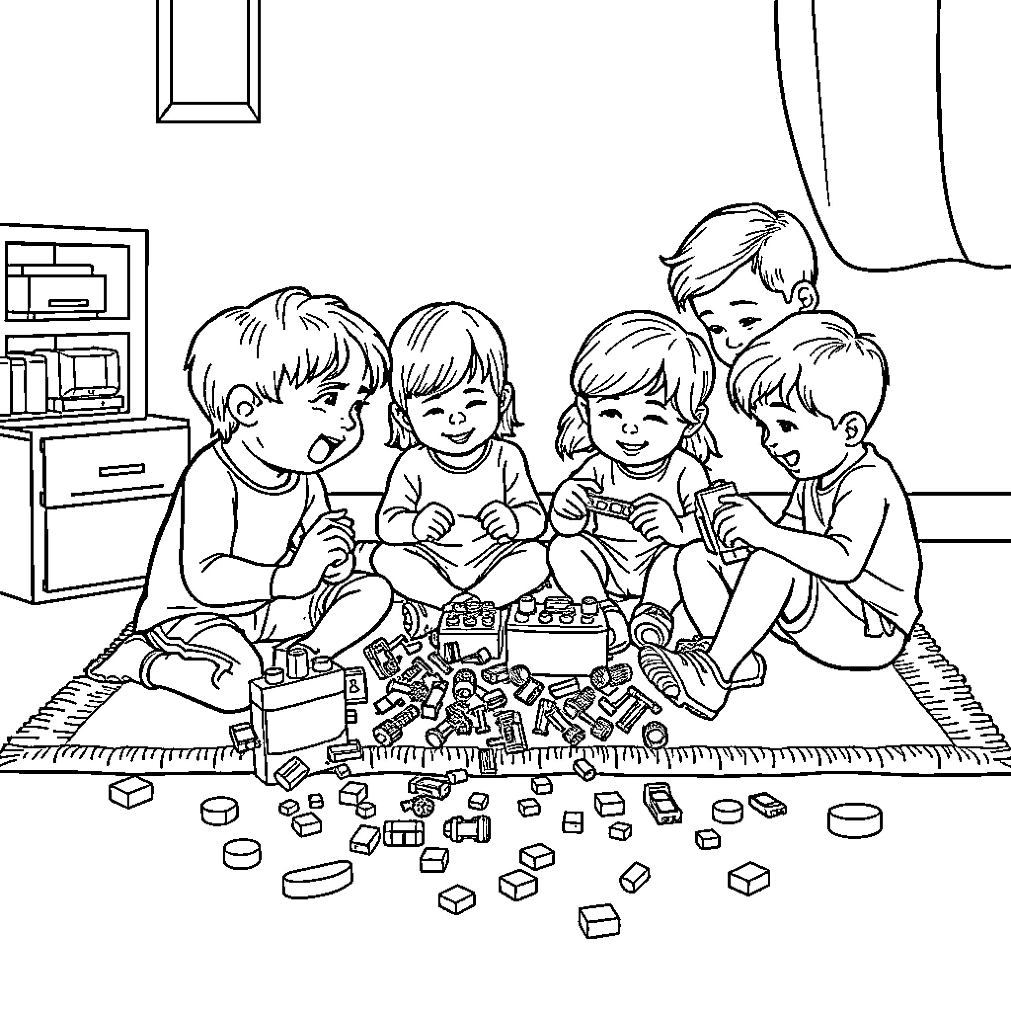 Child Playing with Building Blocks Together Coloring Page (free black-and-white line drawing printable PDF for all, from beginners to advanced learners, including children, teens, adults, and seniors)
