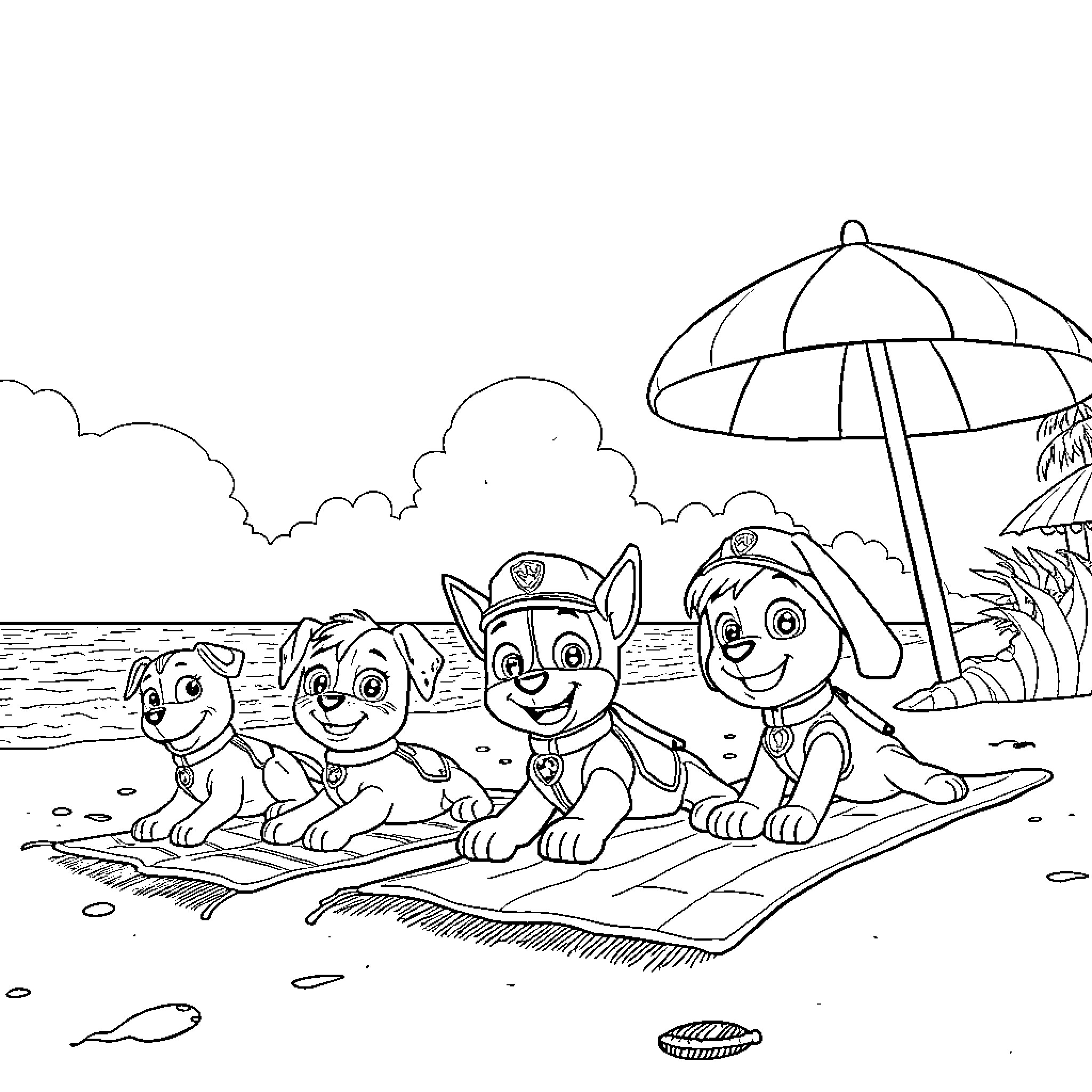 Paw Patrol enjoying a day at the beach Coloring Page (free black-and-white line drawing printable PDF for all, from beginners to advanced learners, including children, teens, adults, and seniors)