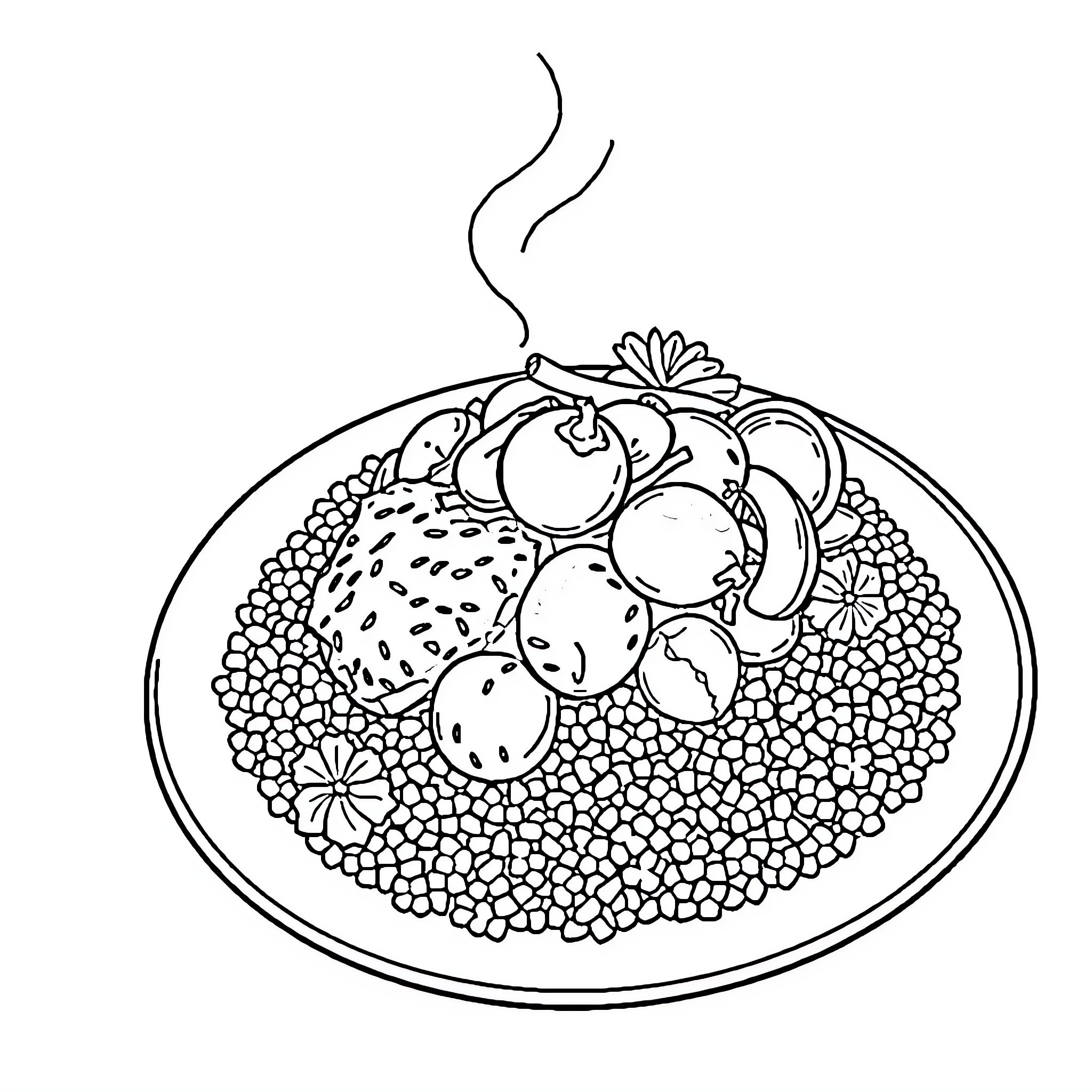 Couscous dish with savory ingredients Coloring Page (free black-and-white line drawing printable PDF for all, from beginners to advanced learners, including children, teens, adults, and seniors)