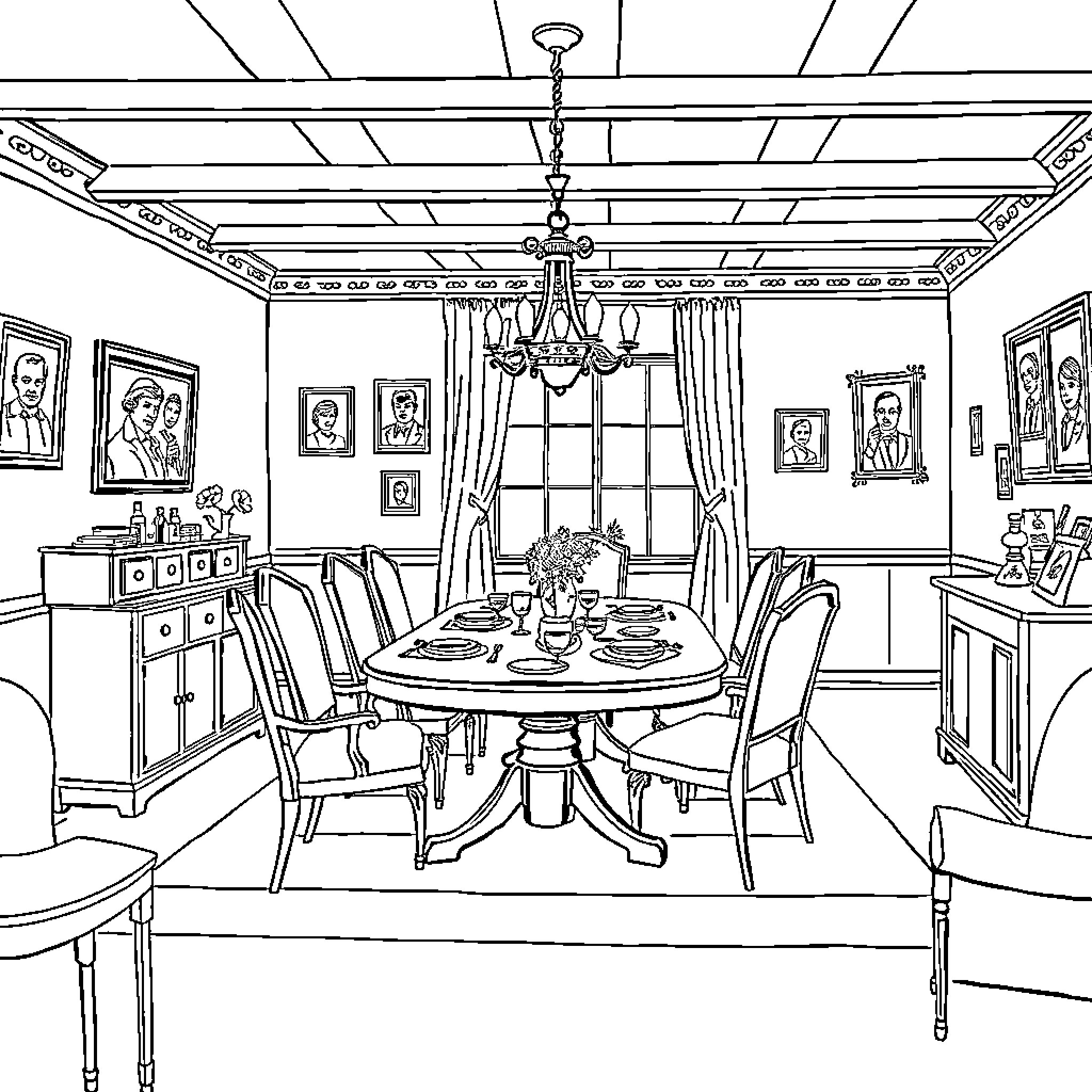 Inspector Examines Formal Dining Room Interior Coloring Page (free black-and-white line drawing printable PDF for all, from beginners to advanced learners, including children, teens, adults, and seniors)
