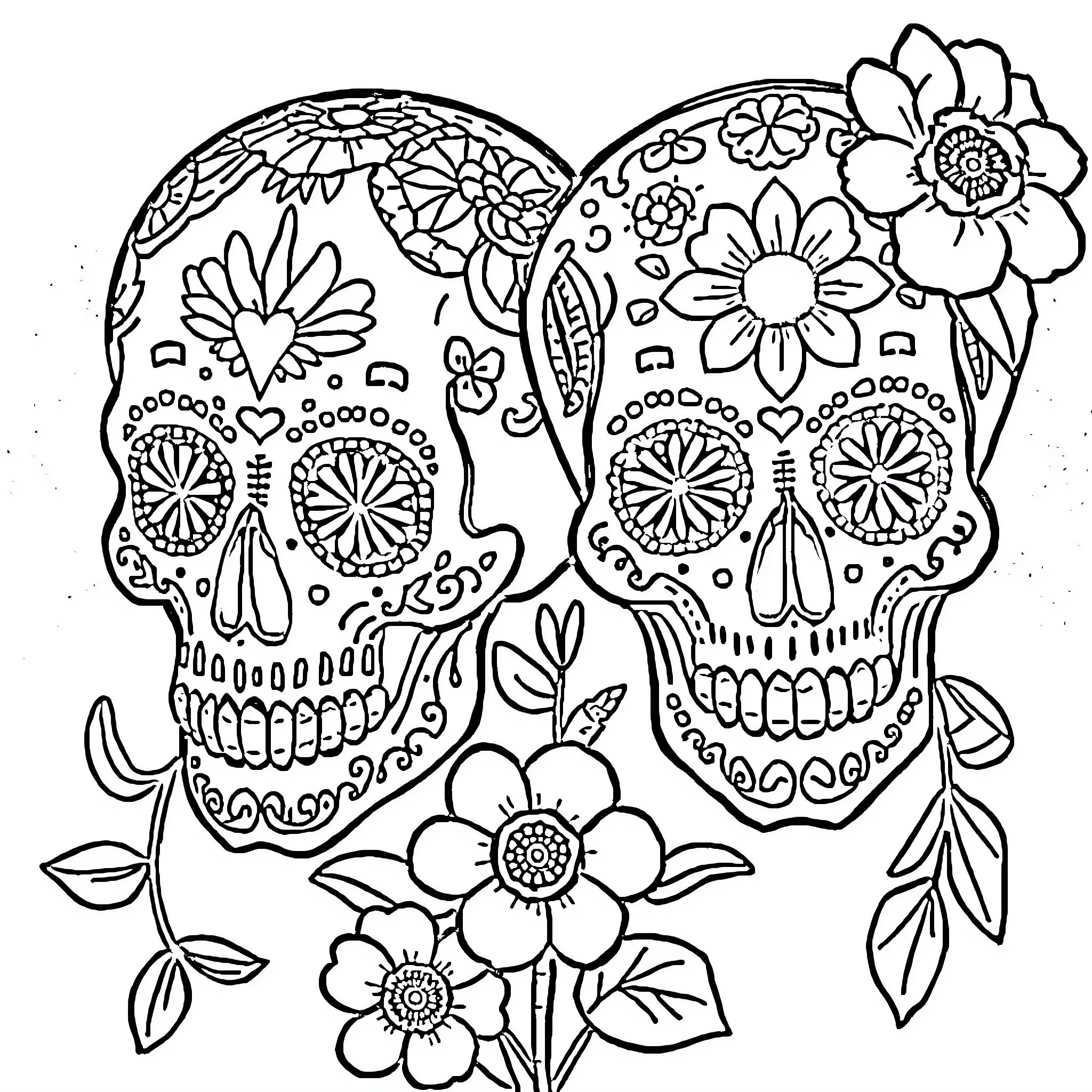 Sugar Skull Couple with Floral Adornments Coloring Page (free black-and-white line drawing printable PDF for all, from beginners to advanced learners, including children, teens, adults, and seniors)