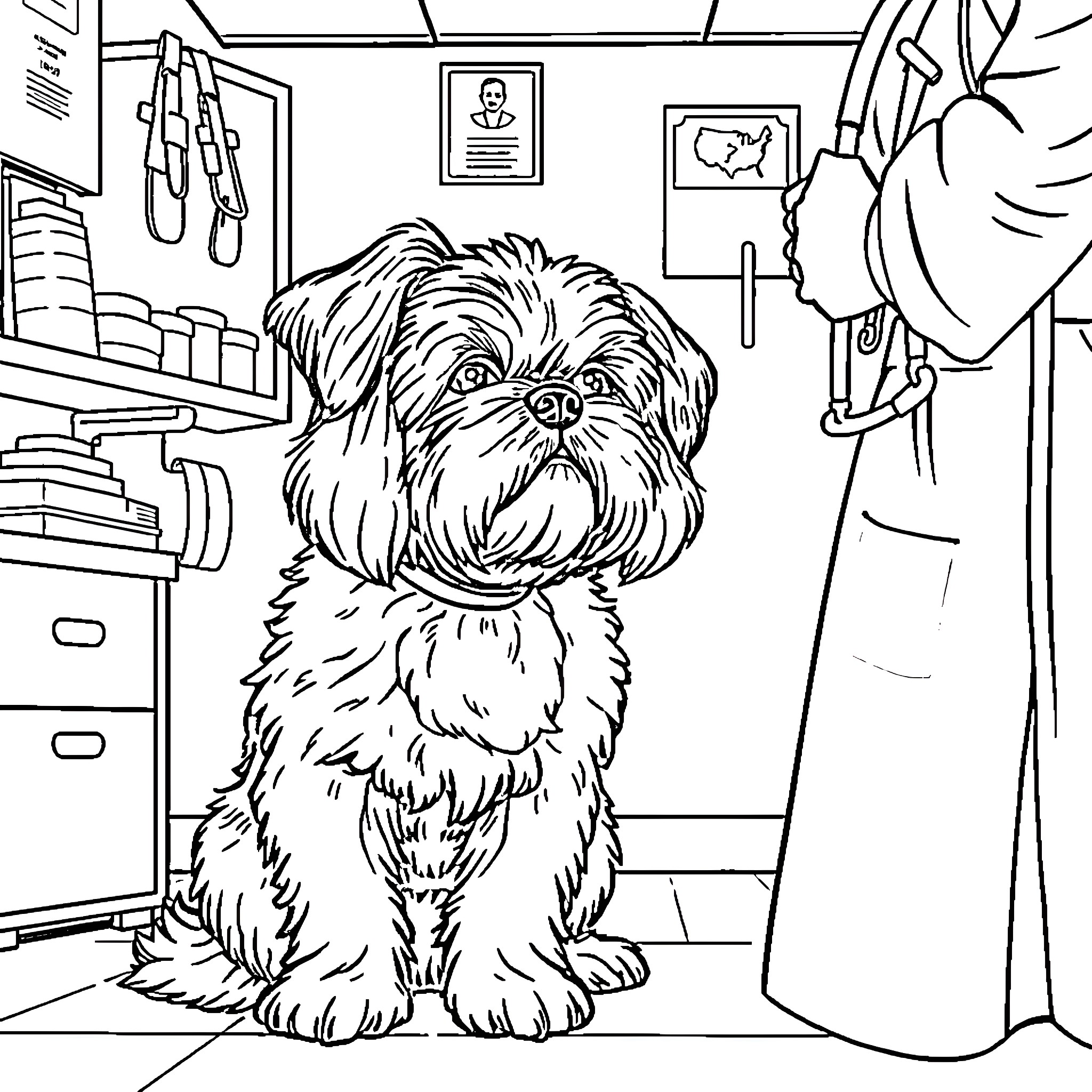 Shizu the Loyal Dog Awaits in the Veterinary Clinic Coloring Page (free black-and-white line drawing printable PDF for all, from beginners to advanced learners, including children, teens, adults, and seniors)
