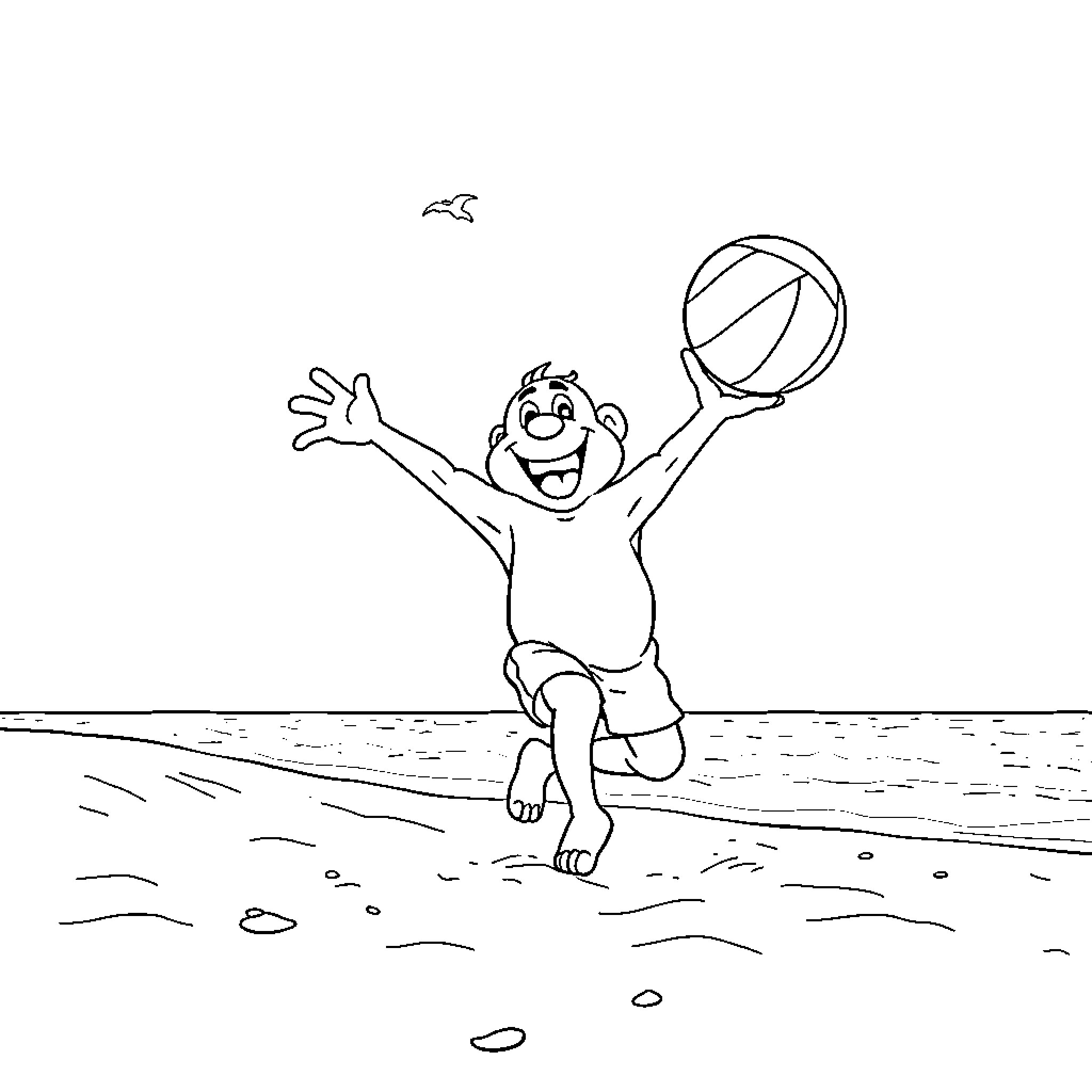 Grogu playing joyfully with beachball on the sand Coloring Page (free black-and-white line drawing printable PDF for all, from beginners to advanced learners, including children, teens, adults, and seniors)