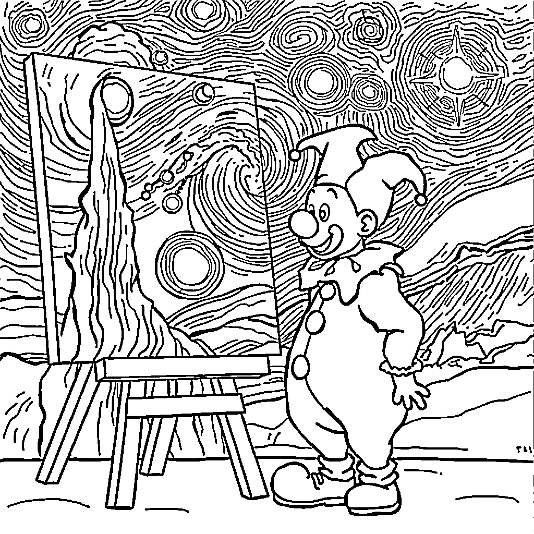 Art depicting a cheerful clown painting a surreal landscape Coloring Page (free black-and-white line drawing printable PDF for all, from beginners to advanced learners, including children, teens, adults, and seniors)
