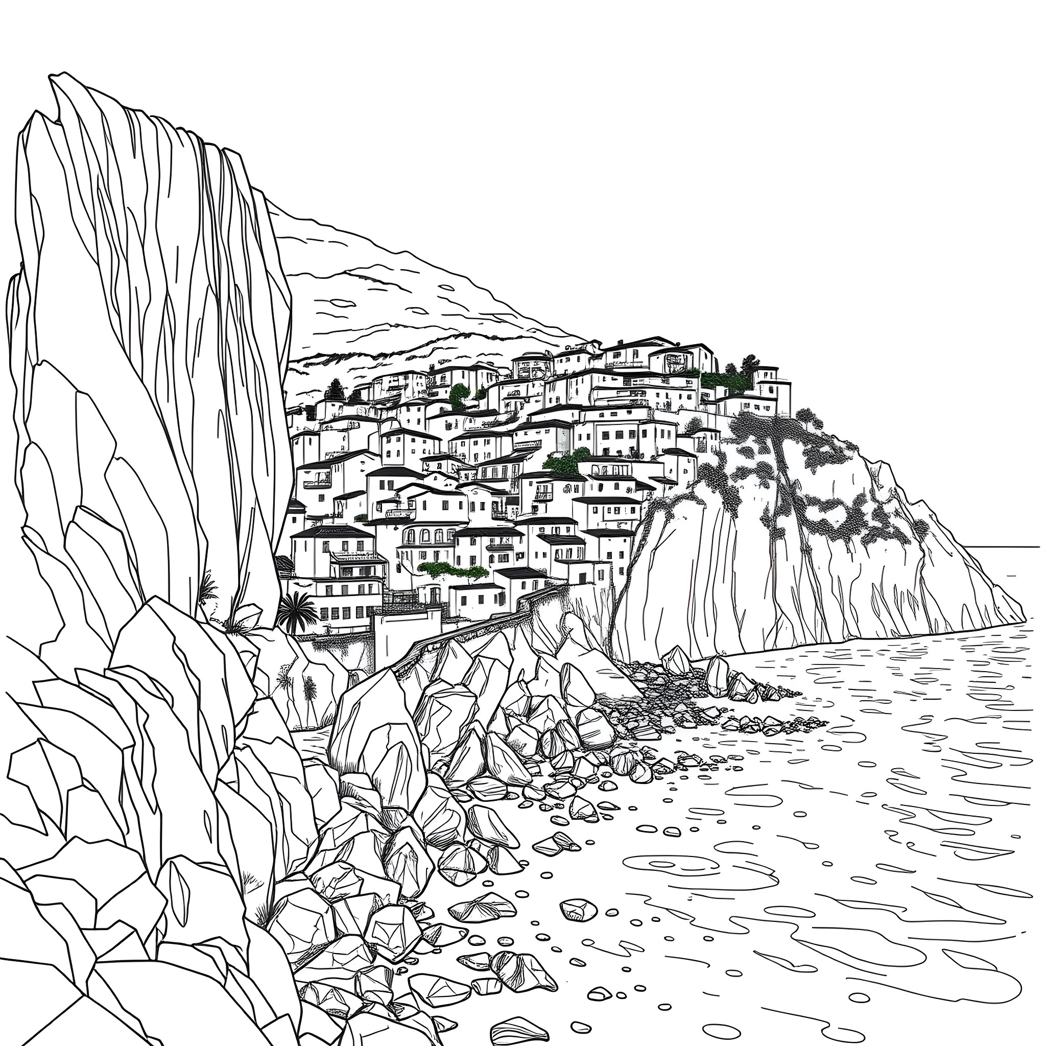 Amalfi Coast: Scenic Seaside Town Coloring Page (free black-and-white line drawing printable PDF for all, from beginners to advanced learners, including children, teens, adults, and seniors)