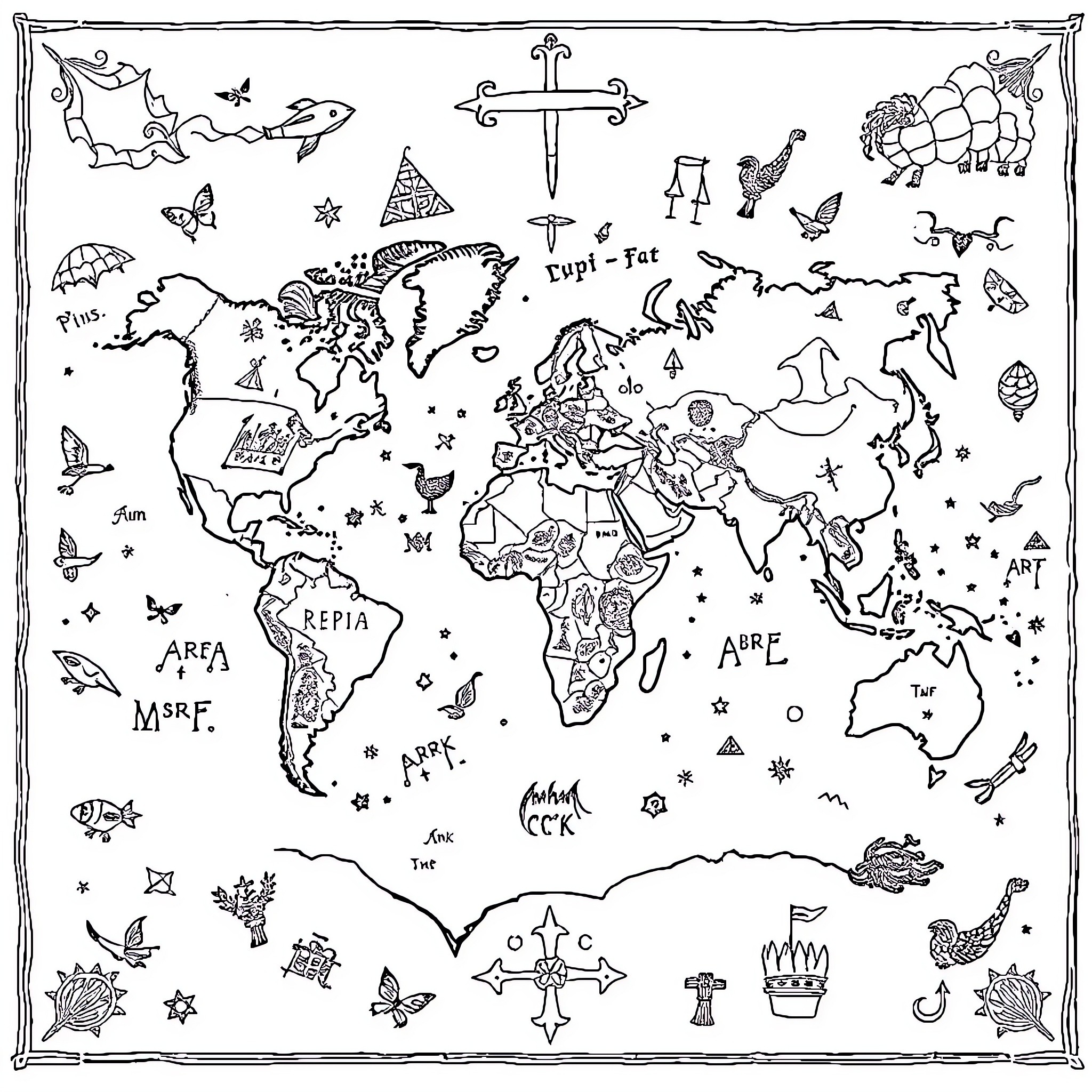 Map of Whimsical Doodles and Symbols across the World Coloring Page (free black-and-white line drawing printable PDF for all, from beginners to advanced learners, including children, teens, adults, and seniors)