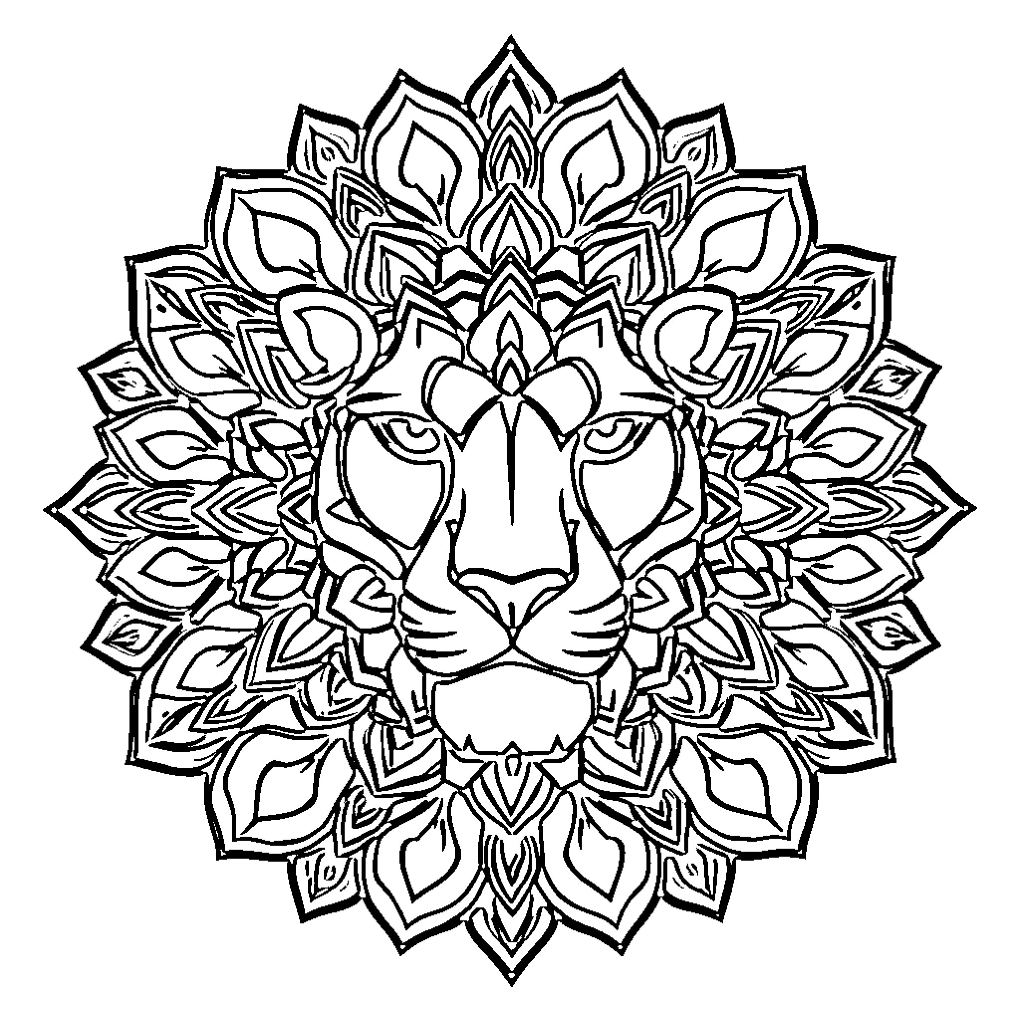 Lion in a Detailed Mandala Pattern Coloring Page (free black-and-white line drawing printable PDF for all, from beginners to advanced learners, including children, teens, adults, and seniors)