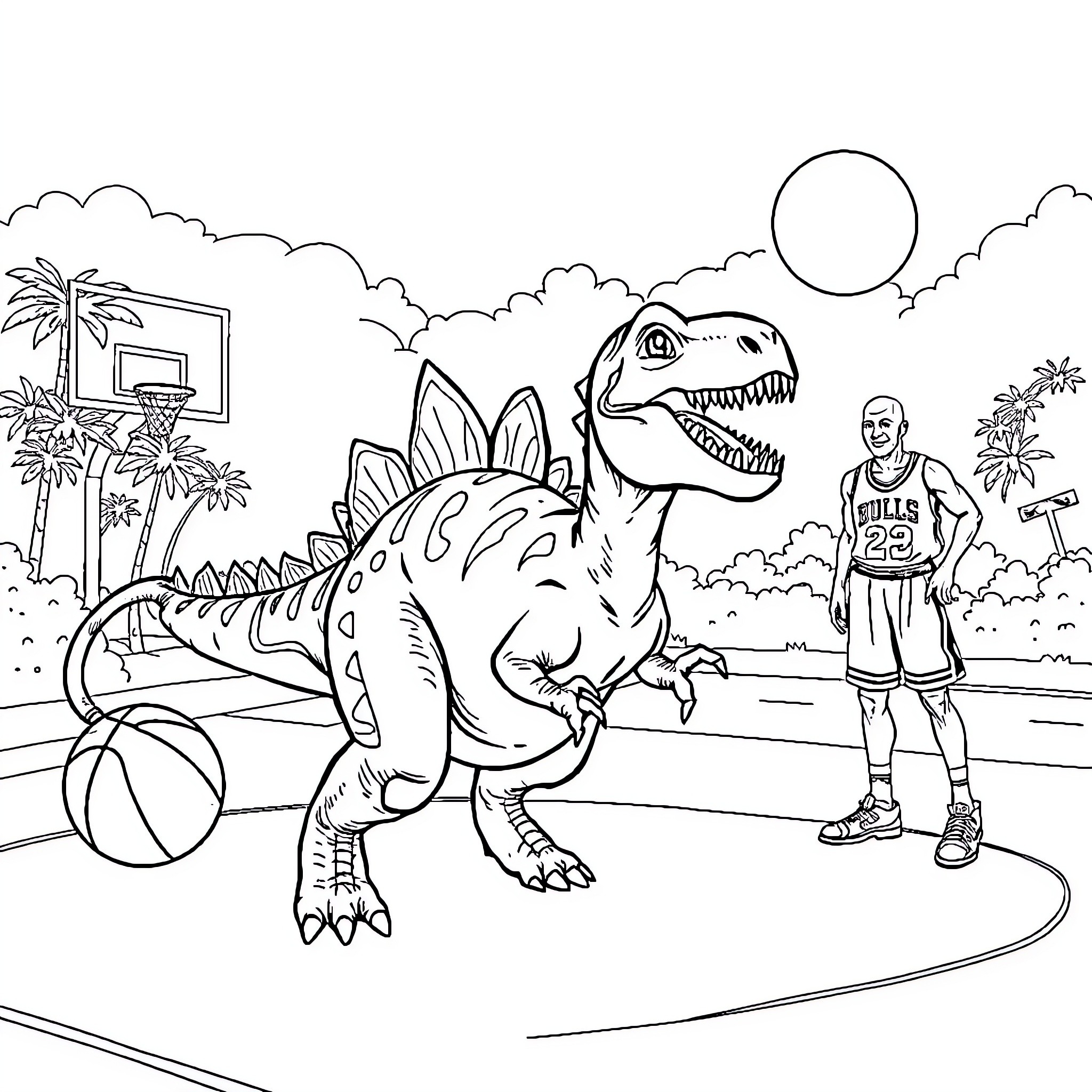 Spinosaurus playing basketball on the court Coloring Page (free black-and-white line drawing printable PDF for all, from beginners to advanced learners, including children, teens, adults, and seniors)