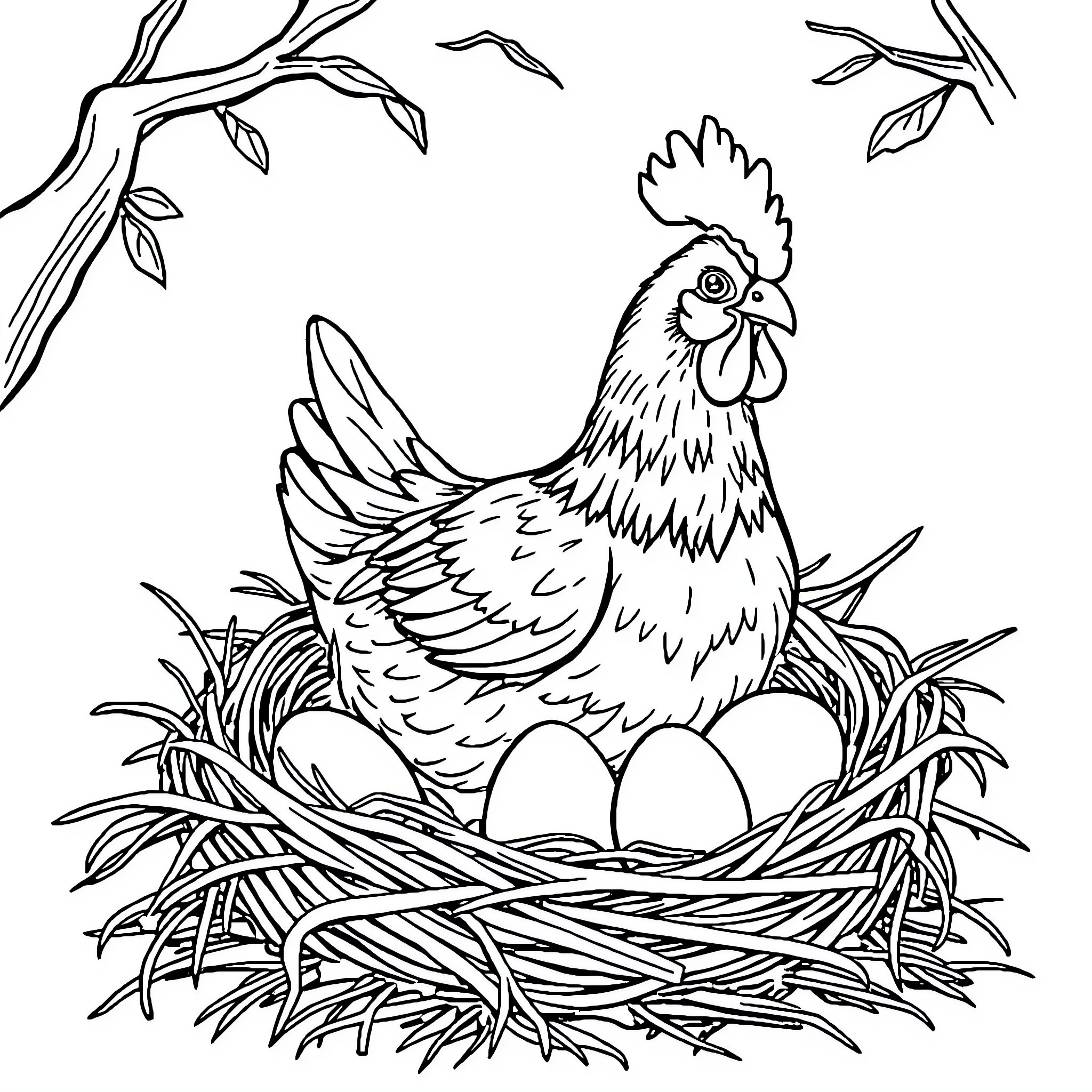 Chicken guarding its nest with eggs Coloring Page (free black-and-white line drawing printable PDF for all, from beginners to advanced learners, including children, teens, adults, and seniors)